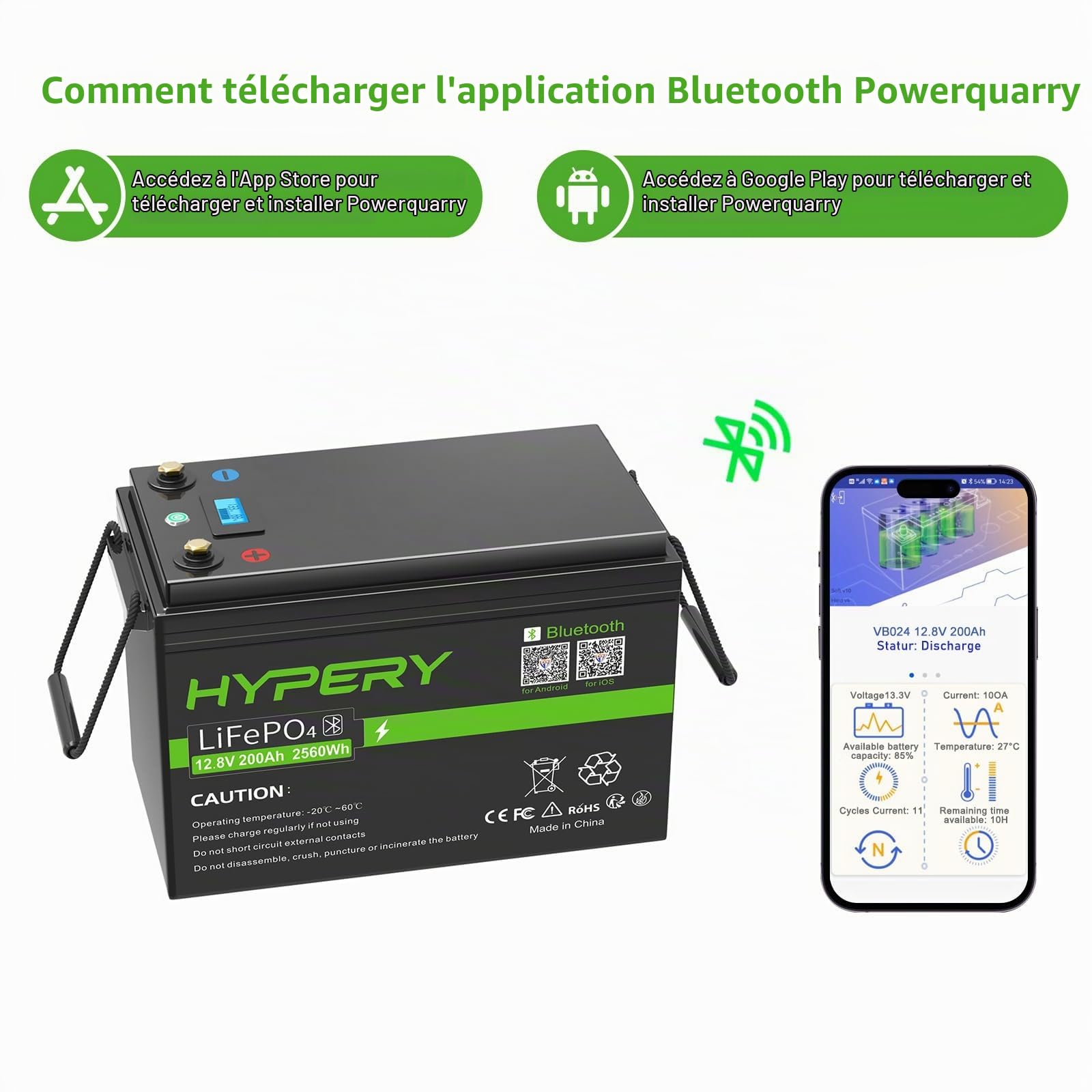 Smart 12V 200Ah LiFePO4 Batterie avec Bluetooth, écran d'affichage LED, interrupteur de sécurité et BMS, parfaite batterie au lithium pour les véhicules de loisirs, les bateaux