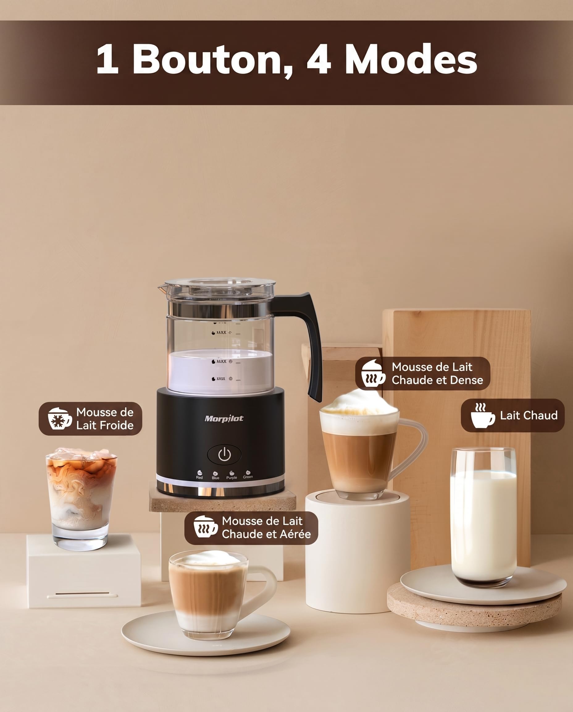 Morpilot Mousseur à Lait Électrique 4 en 1, Grande Capacité 500ml 600W Milk Frother en Verre à Mousse de Lait Chaude Froide et Lait Chaud, Emulsionneur de Lait Divisé pour Cappuccino Macchiato Latte