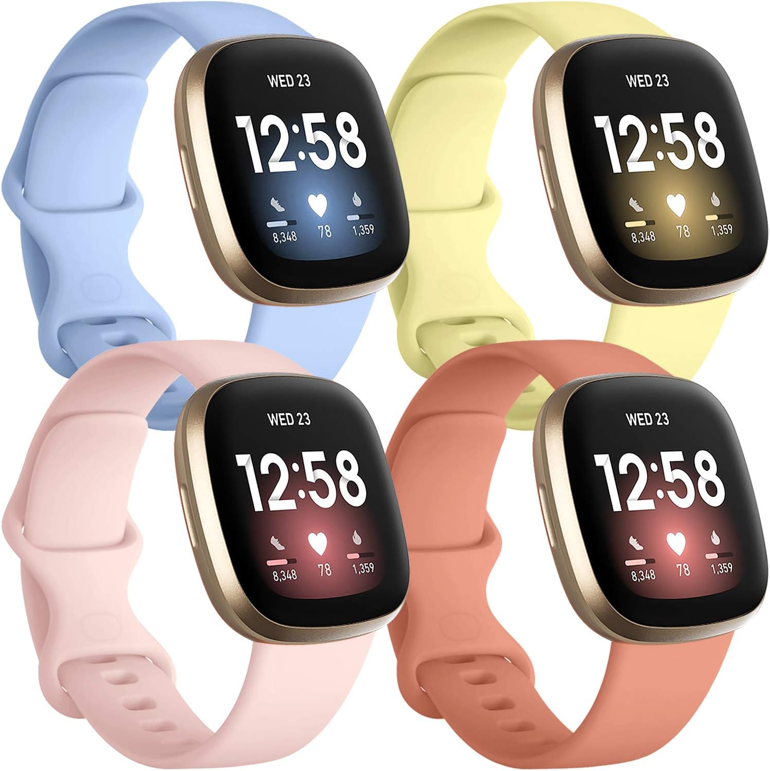 Getino Compatible with Fitbit Sense 2/ Sense Bands/Versa 4/ Versa 3 Bands Women Men, Silicone Sport Accessories, Band for Fitbit Sense/Sense 2/ Versa 4/ Versa 3, Small Orange/Yellow/Pink/Lilac