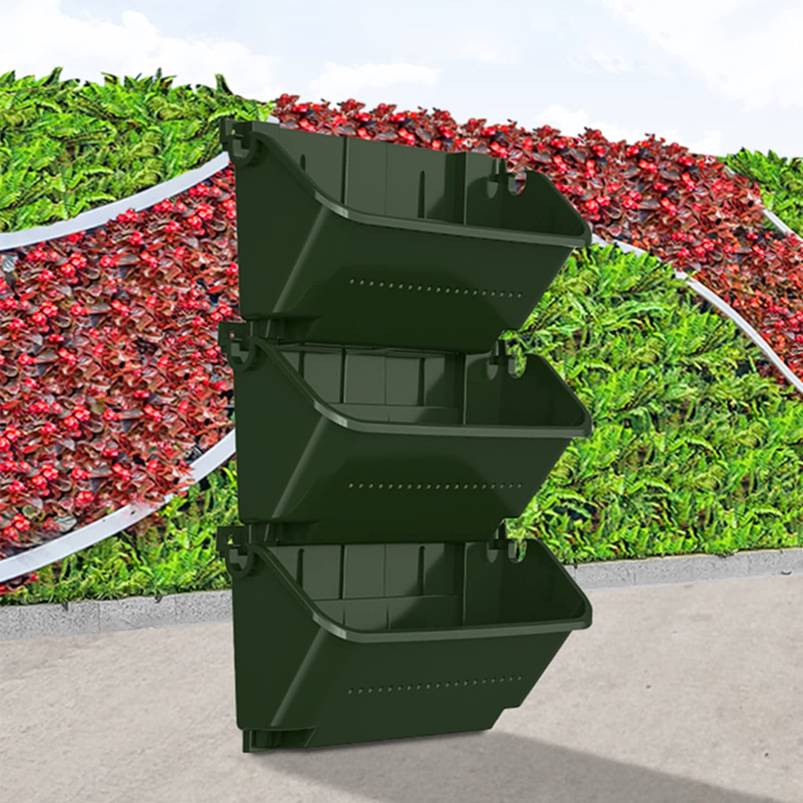 MENAYODA – Set di 4 vasi da parete verticali – Borse per piante sospese – con irrigazione automatica – per interni ed esterni – Verde scuro – per interni ed esterni – Balcone