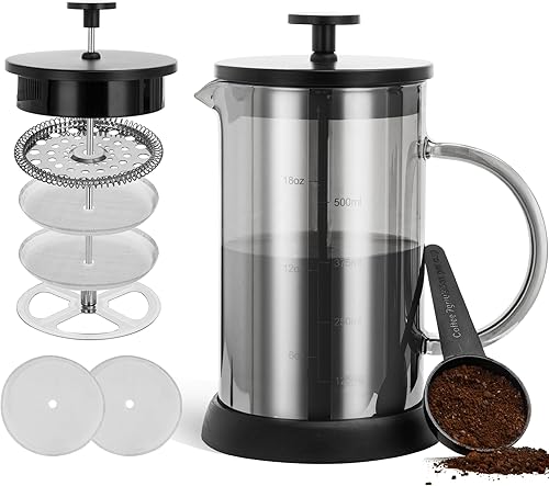 YMMIND Cafetera de prensa francesa de 21 onzas, cafetera espresso de 3 tazas, cafetera de borosilicato grueso resistente al calor gris con 4
