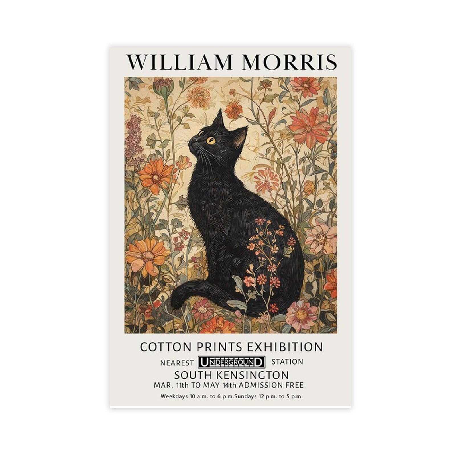 PHTHDB William Morris Print Exhibition Poster Black Cat Kitten Flowers Wall Art Print Poster Canvas Poster for Home Decor Gift