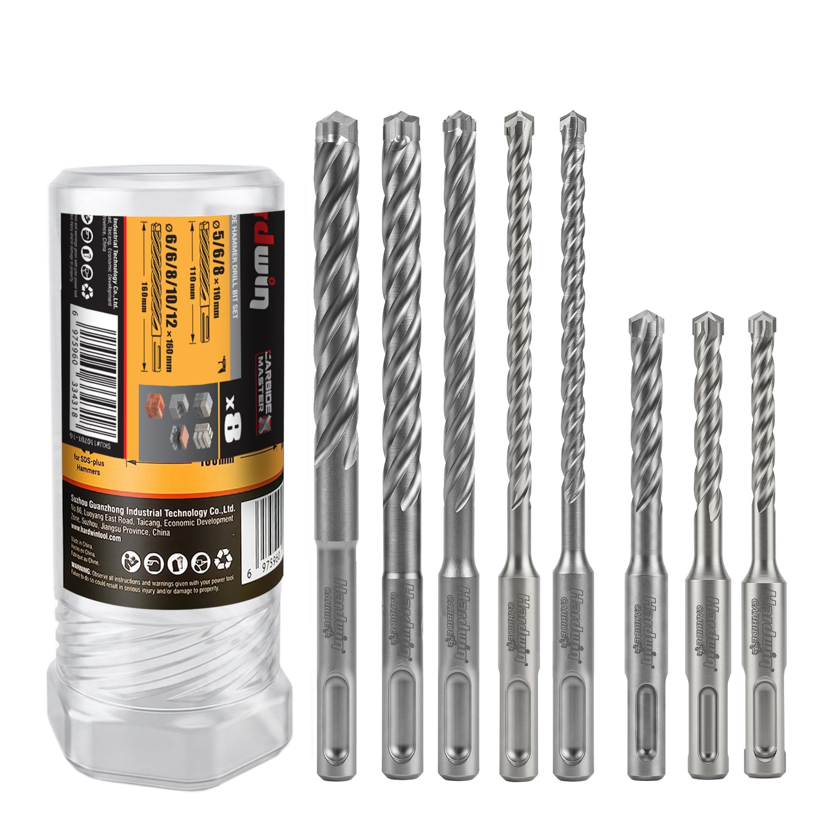 SDS Plus - Juego de brocas para martillo perforador (8 piezas, 4 cortadores con cabeza de carburo macizo, diámetro de 5 a 12 mm, para hormigón armado y hierro de refuerzo)