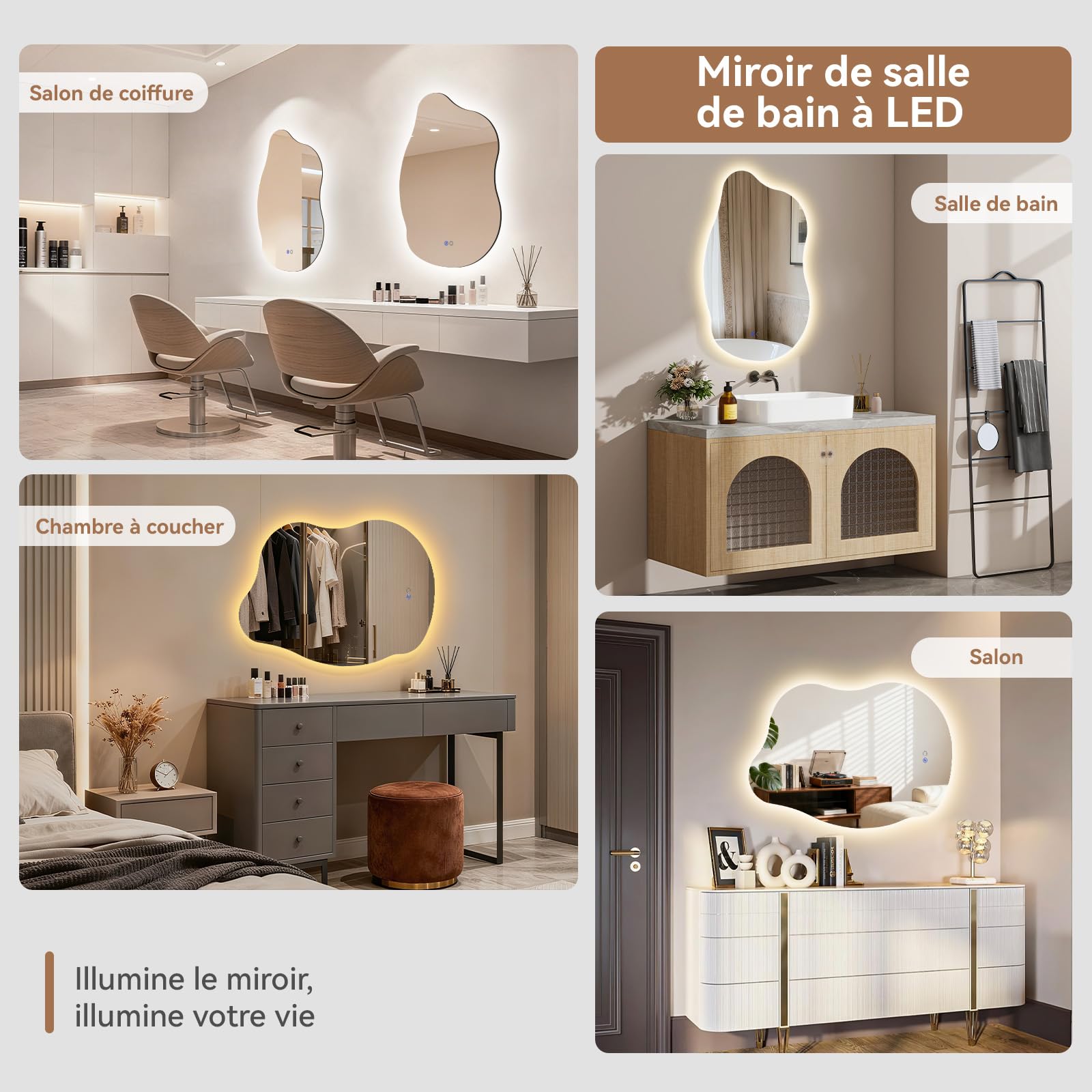 YU YUSING Miroir Asymétrique de Salle de Bain Lumineux 85x55cm