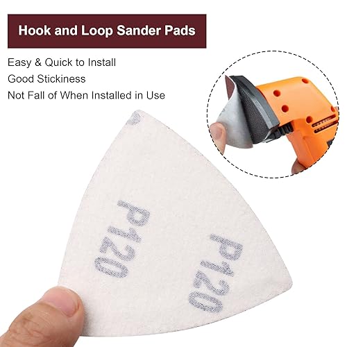 Miniatura 4 de 120 almohadillas de lijado triangulares, lijadora de 120 granos, papel de lija de gancho y bucle, papel de lija triangular de 3-18 pulgadas para