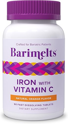 Barimelts Iron with Vitamin C, 90 Fast-Dissolving Tablets (1-Month Supply), Sugar-Free Bariatric Iron Supplement for Women, Natural Orange Flavor
