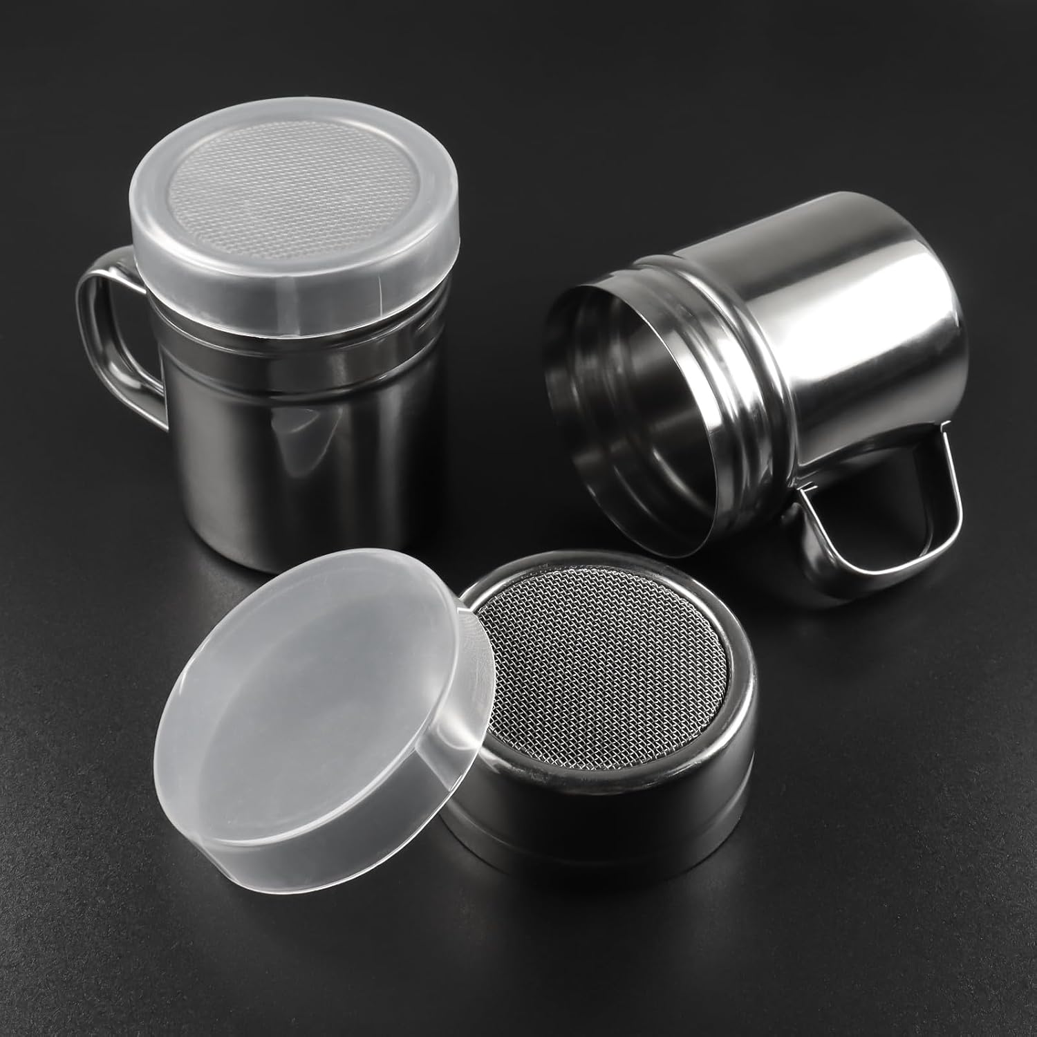 2 Pcs Powdered Sugar Shaker Duster with Handle, Stainless Steel Fine Mesh Shaker Powder Cans with Plastic Lid, Sifter Dredge Shaker for Powder Sugar Cinnamon Cocoa Pepper Coffee Flour Salt (6oz)
