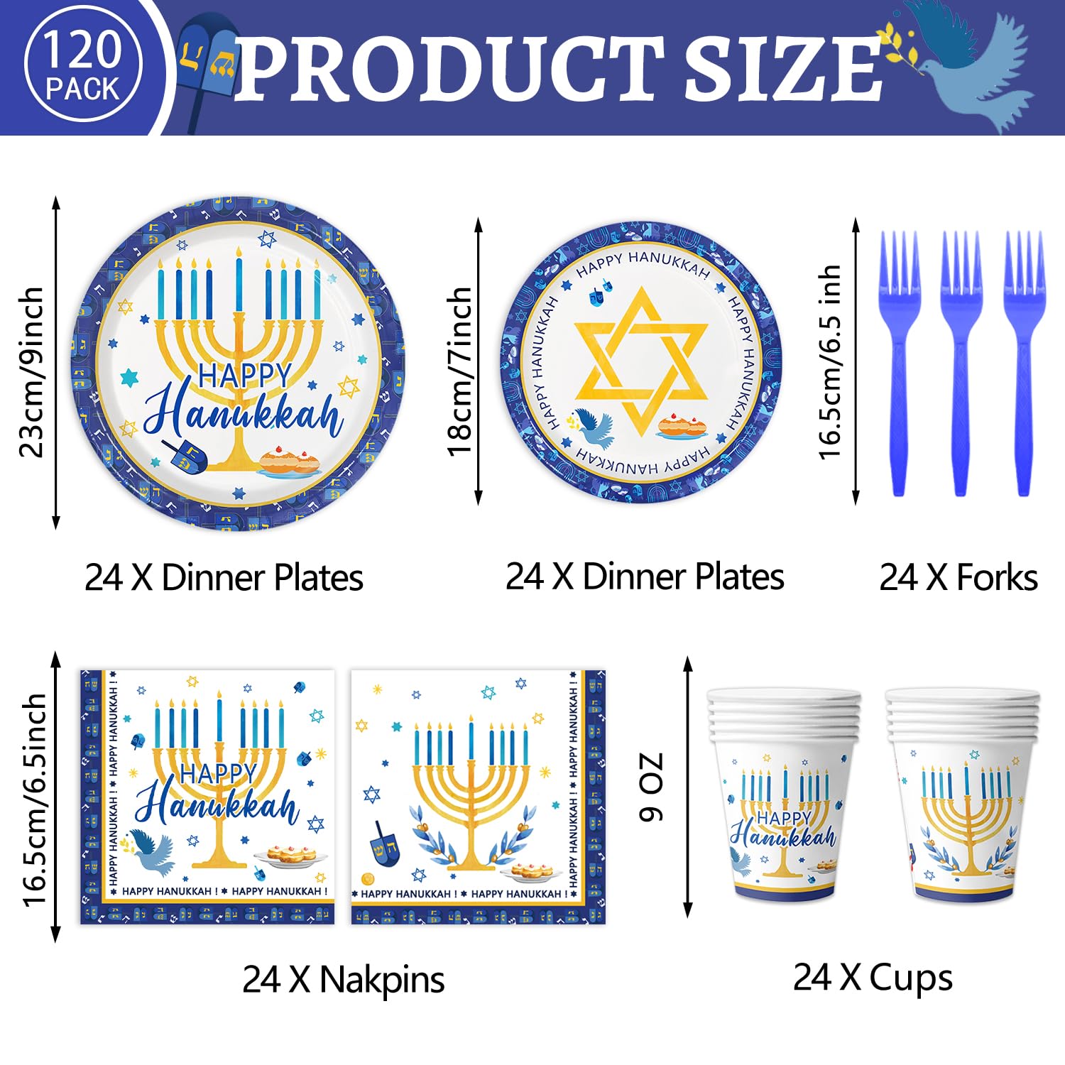 Oigco Hanukkah Party Supplies Dinnerware Set - Plates, Cups, Napkins, Forks for Party Decorations, Serves 24 Guests