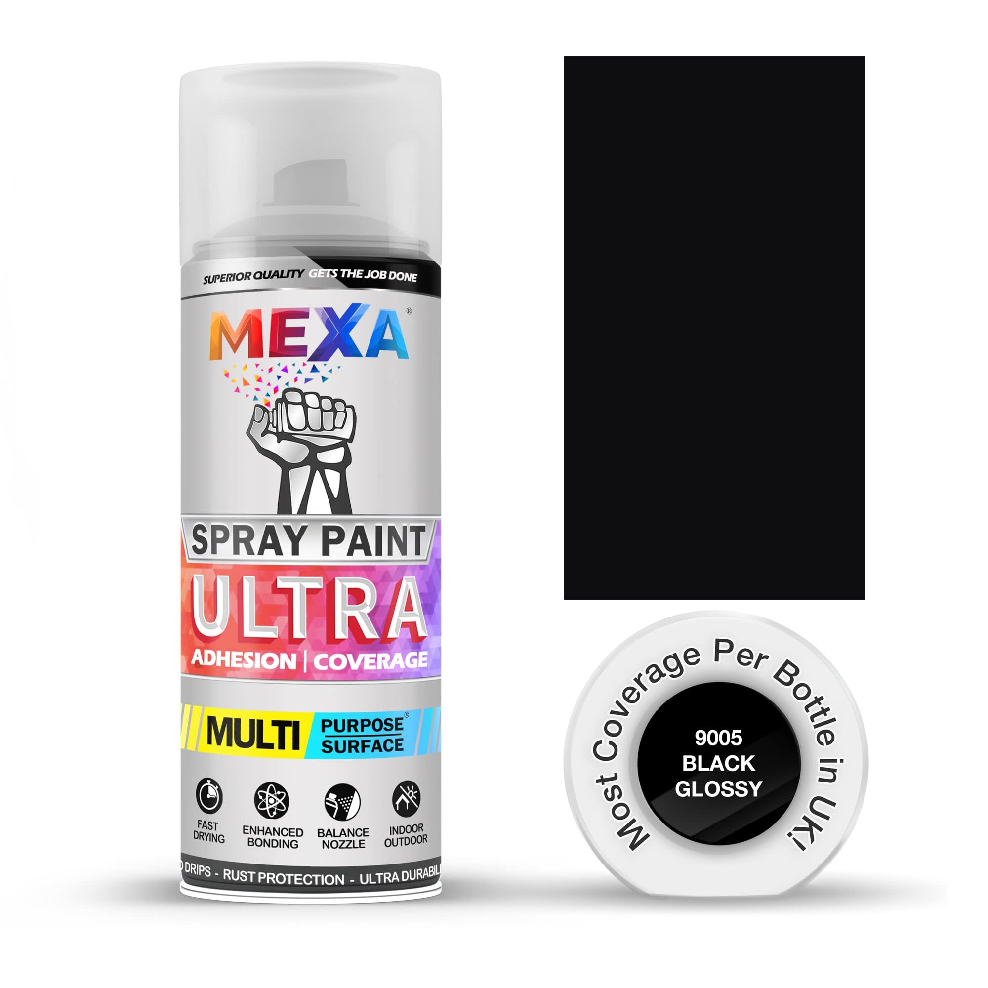 Mexa Black Glossy Spray Paint | | Perfect For Radiator, Plastic, Fabric, Metal, Bike, Marking | 400Ml | Ral 9005