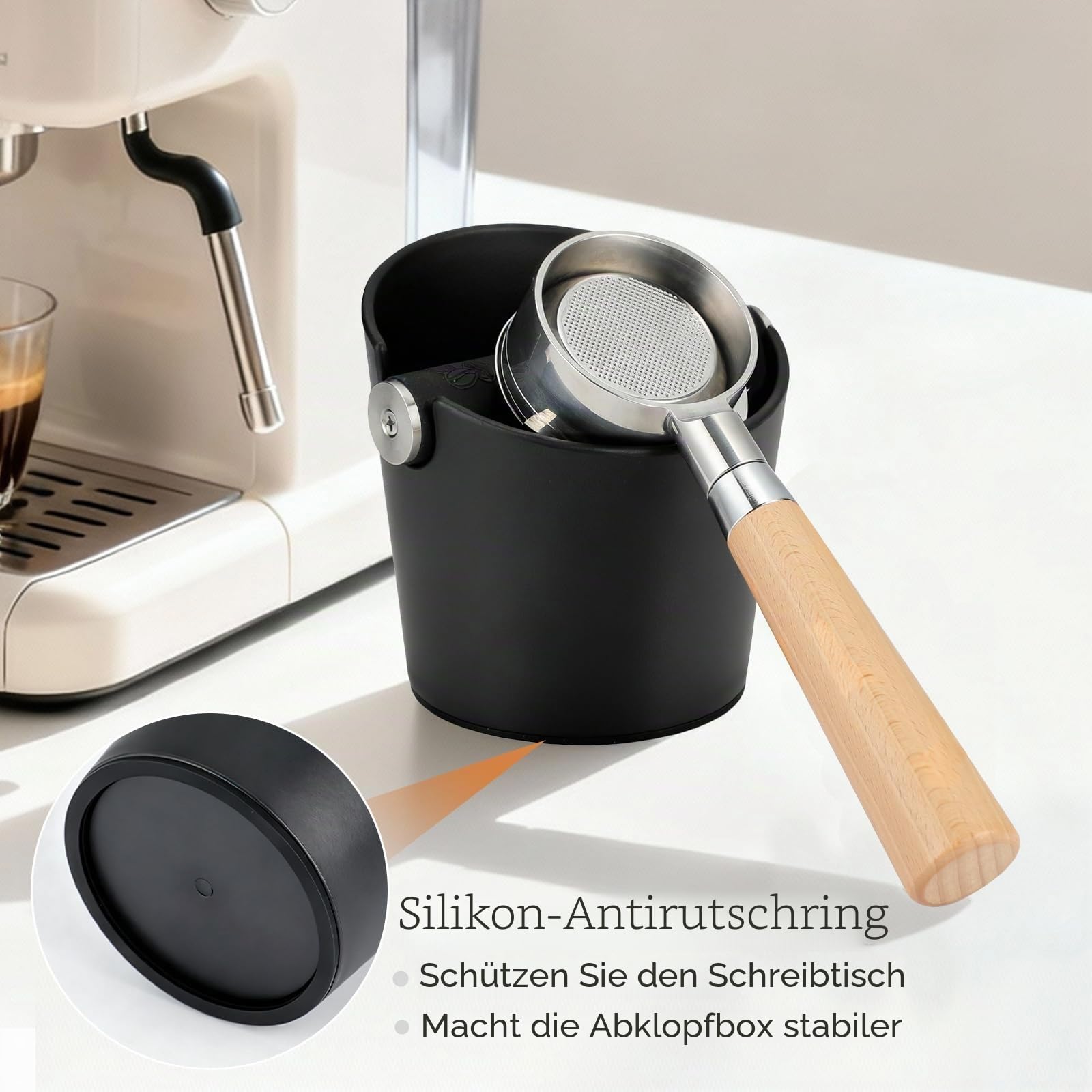 Abklopfbehälter für Siebträger Klein Espresso Kaffee Knock Box mit Kaffeepinsel, Schwarz Kaffeesatz-Klopfbox mit abnehmbarem Klopfstab, Abklopfbehälter mit rutschfester Unterseite