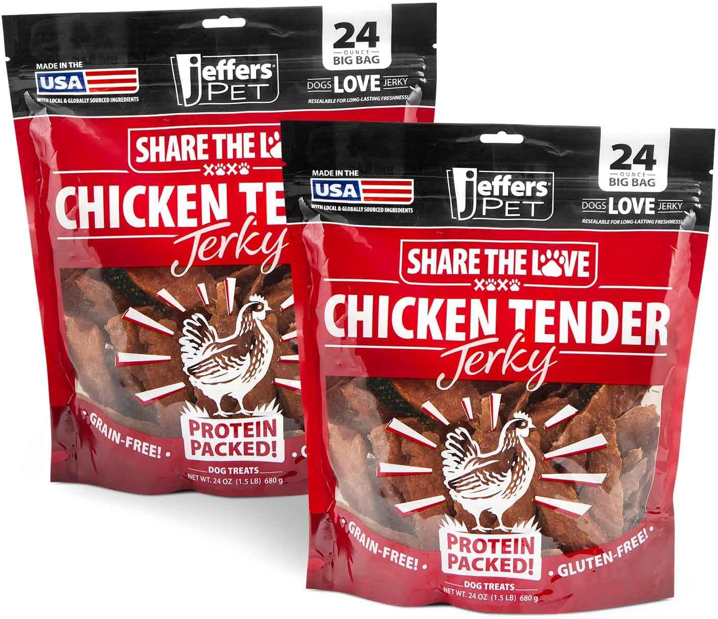 Jeffers Chicken Jerky Dog Treats 24 oz Bag | Grain Free High Protein Soft Chewy Pet Snacks | USA Made Natural Chicken Breast Tender for Dogs, Puppies, Training, Rewards, Healthy Treats - 2 Pack