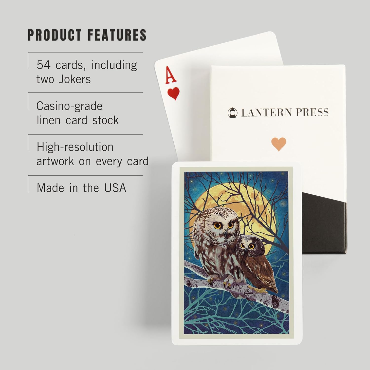 Owl and Owlet, Letterpress, 52 Playing Cards for Adults, Poker Size Card Deck