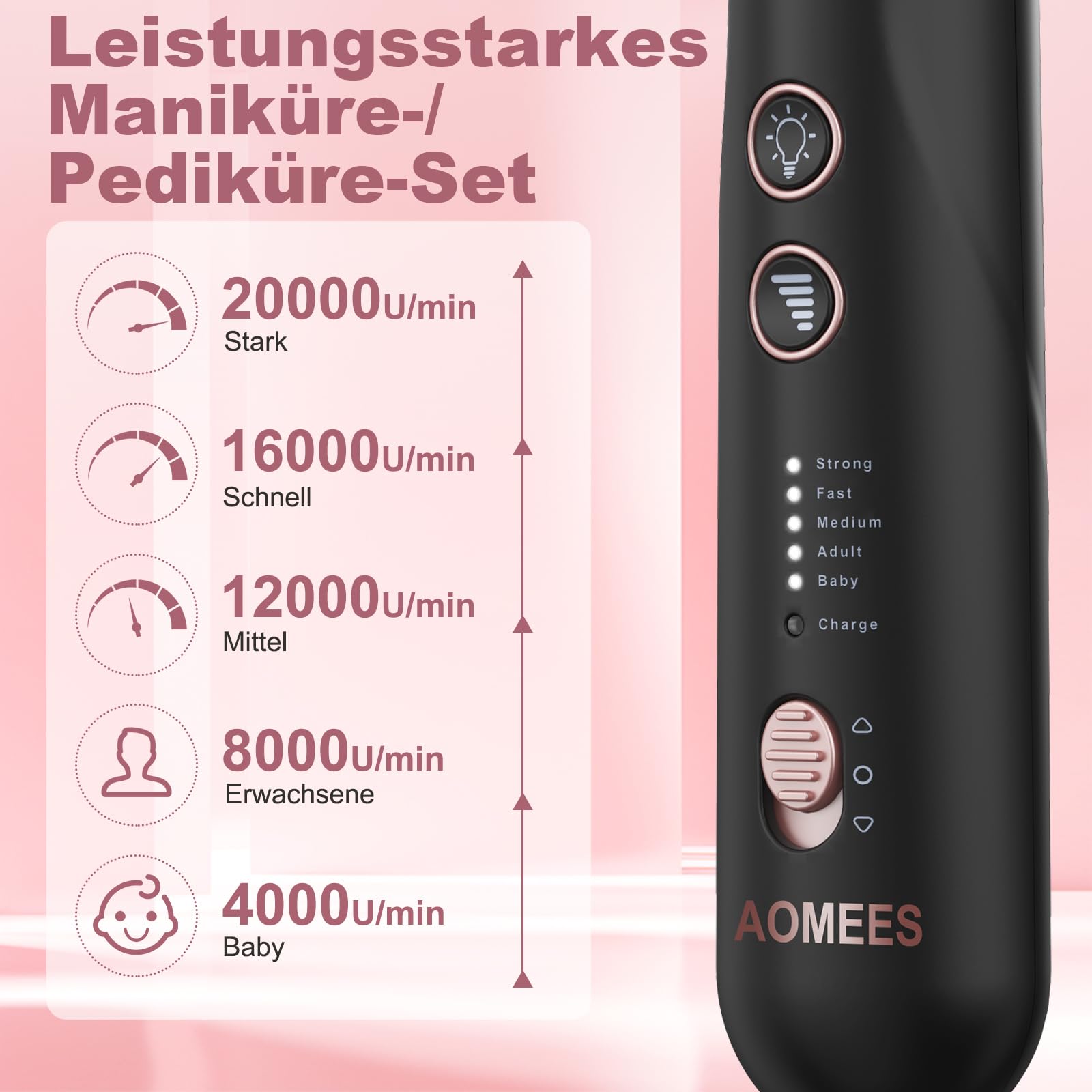 AOMEES - Juego de fresas de uñas eléctricas para manicura y pedicura, con 9 cabezales para el cuidado de las uñas, con 5 velocidades, luz LED, bolsa de almacenamiento