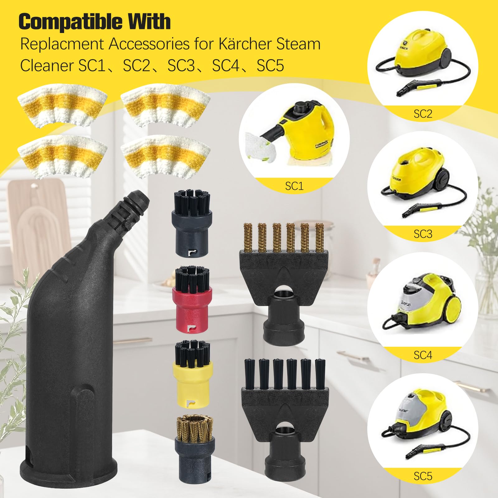 Lot de 14 Accessoires pour Nettoyeur Vapeur Kärcher SC1 SC2 SC3 SC4 SC5 Comprenant Buse Manuelle/Buse Incurvée/Buse Allongée/Grattoir à Vapeur/Brosse Ronde/Suceur Plat/Chiffon en Microfibre