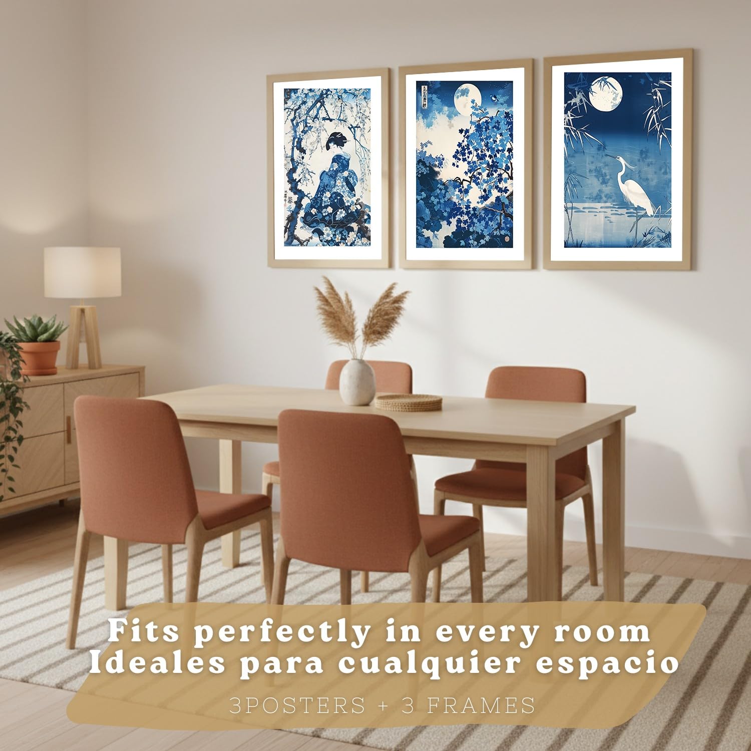 Nacnic Set 3 Quadri Stile Giapponese Moderni Senza Cornice – Stampe Orientali, Arredamento Salotto Camera Da Letto Cucina Bagno A3 Telaio In Legno Chiaro
