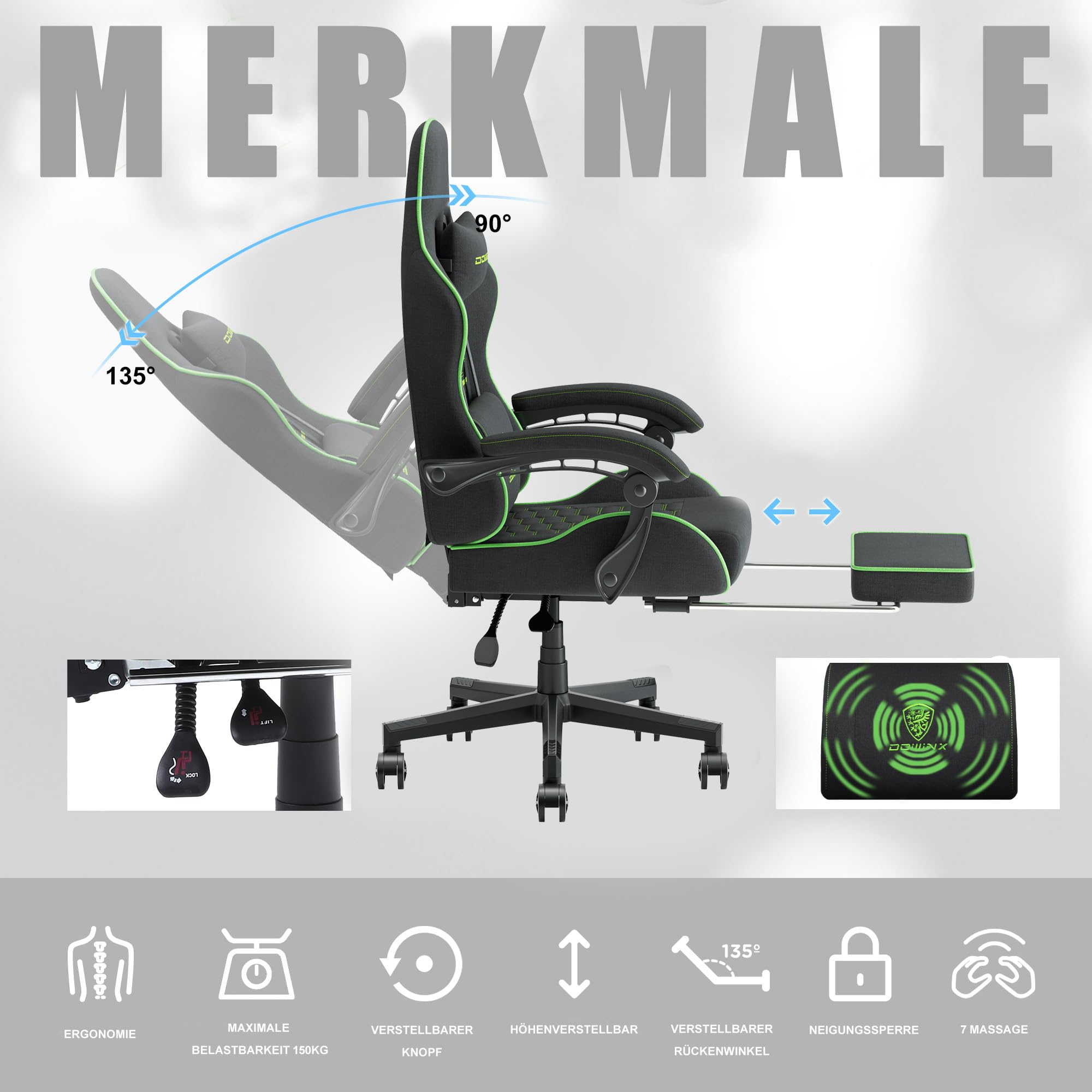 Dowinx Sedia da gioco, sedia da ufficio, in tessuto, per primavera, cuscino da gioco, in tessuto con poggiatesta, ergonomica, con poggiapiedi