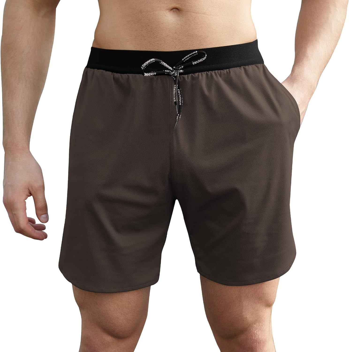 ENVMENST Men's 2 in 1 Workout Running Shorts with Liner, Athletic Gym Shorts with Pockets Brown