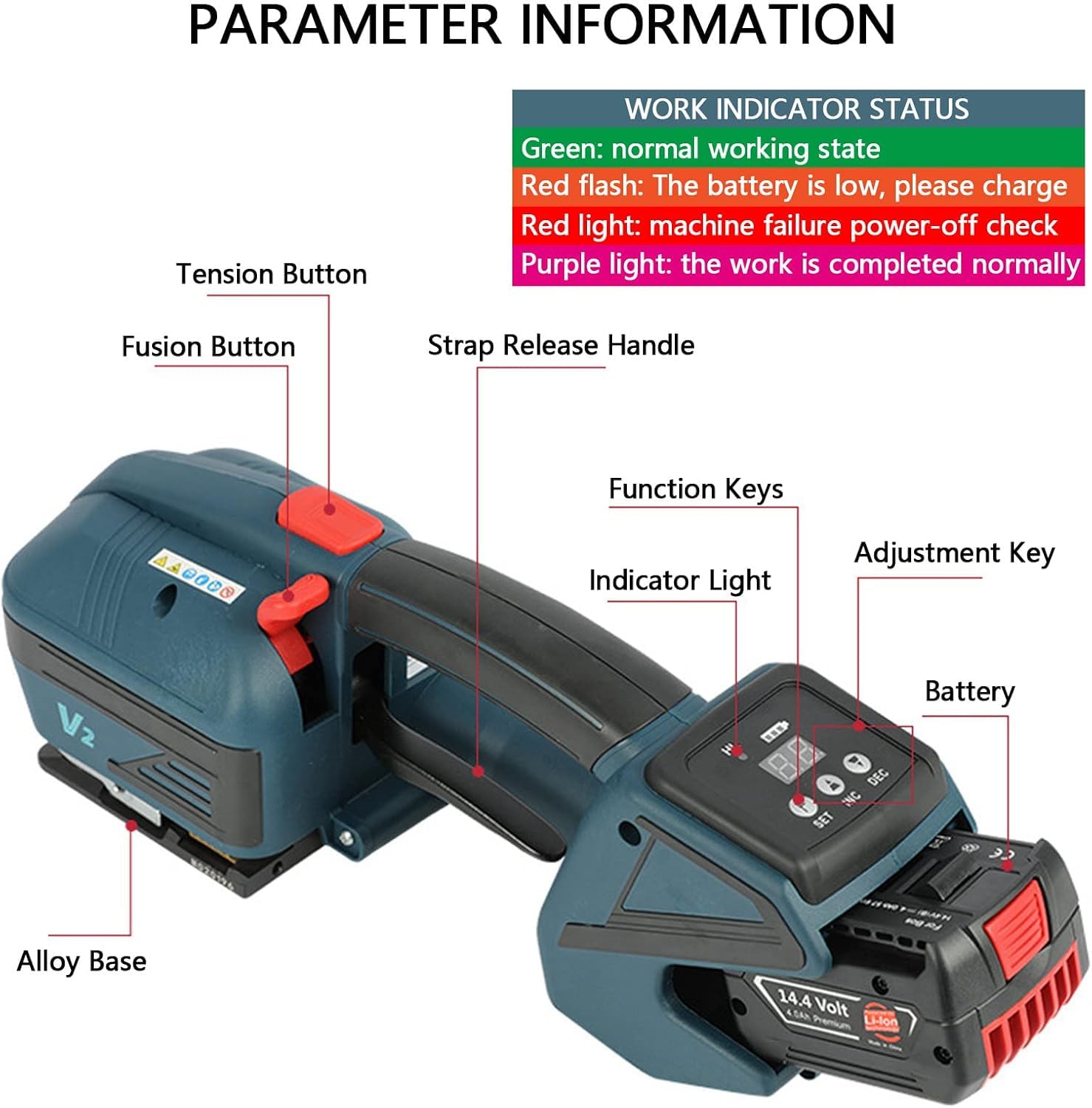 Reggiatrice - Strumento di tensionamento automatico con piastra dentata saldata, funzionamento con un clic, grande motore di tensione, display LCD, impugnatura antiscivolo per imballaggio rapido