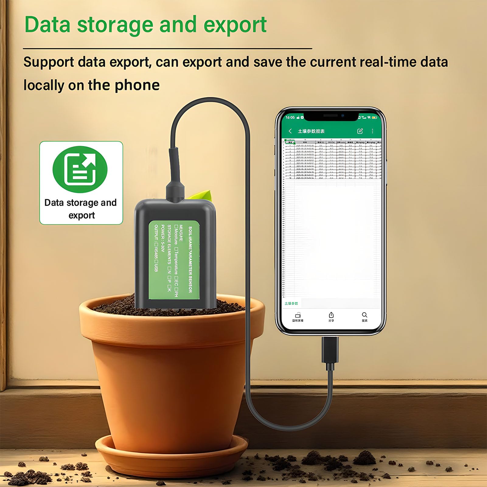 Tester gleby 7 w 1, czujnik gleby USB z pH, wilgotność, pomiar temperatury, wodoodporność IP68, kompatybilny z urządzeniami z systemem Android do ogrodnictwa i rolnictwa