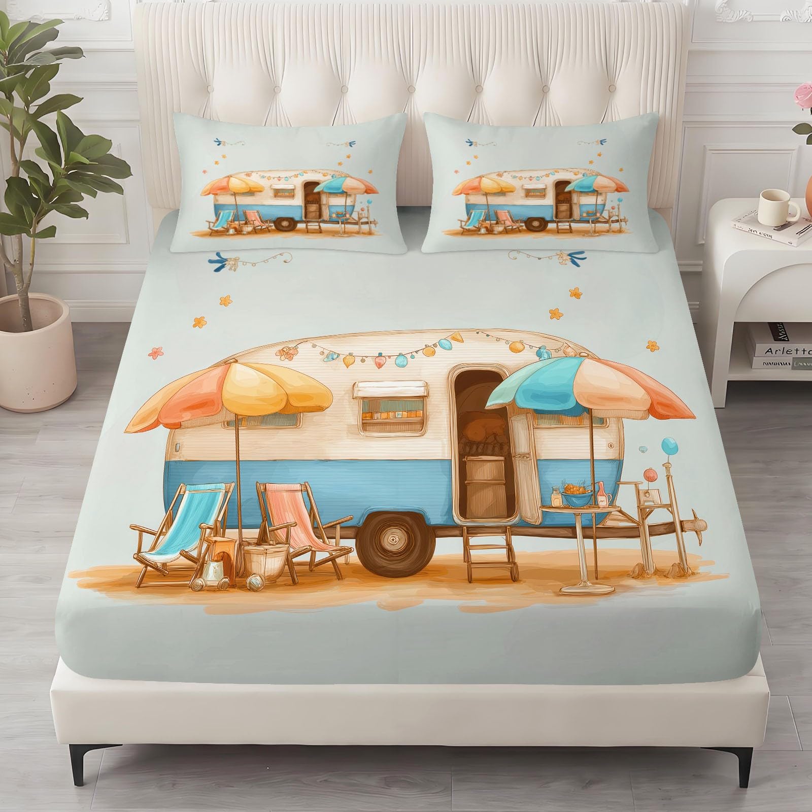 Sábana bajera ajustable de microfibra con somier, juego de sábanas de 140 x 200 cm para camping, autocaravana, silla de playa, sombrilla, impresión 3D, sábana bajera ajustable con 2 fundas de almohada