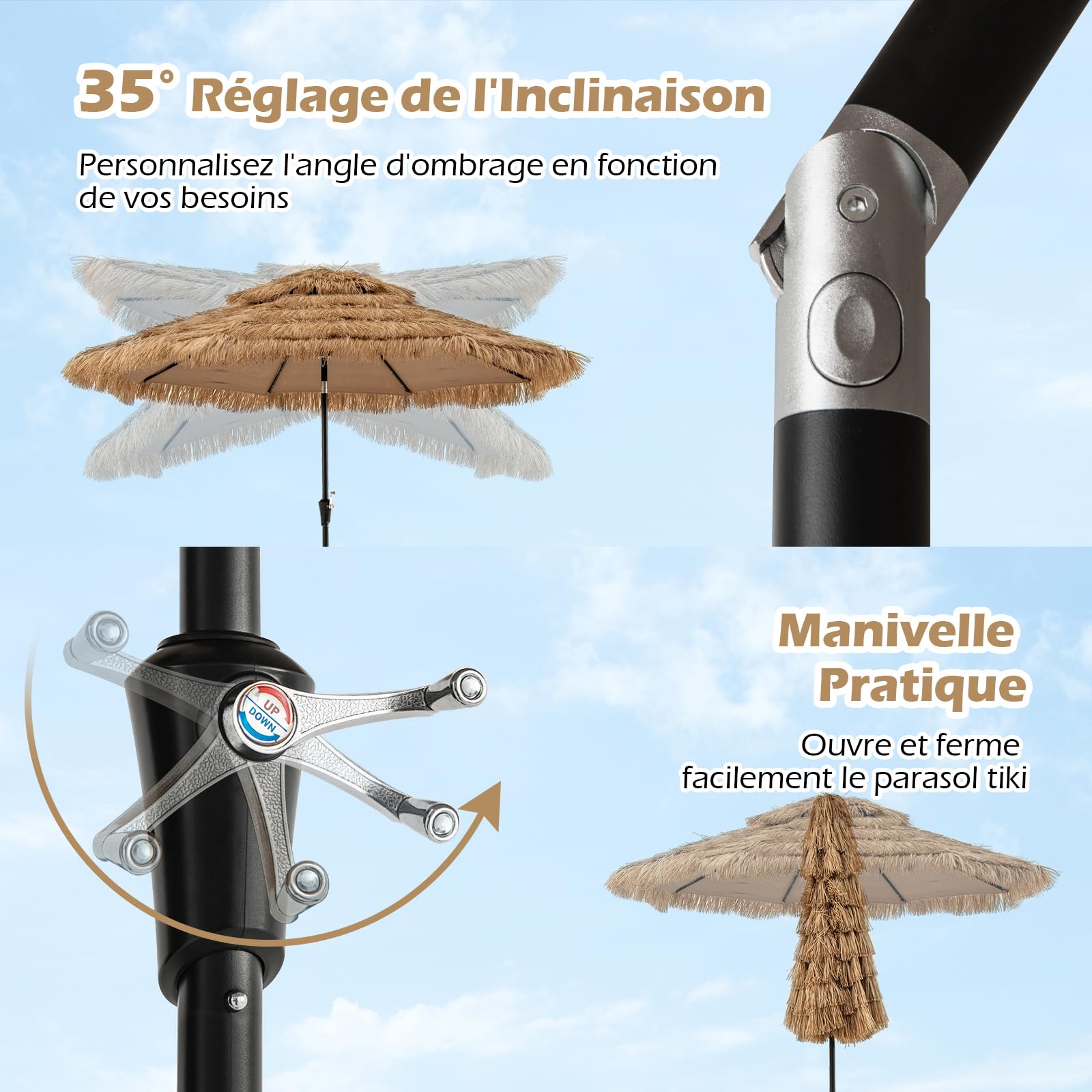 GOPLUS 3M Parasol en Paille PE avec 32 LED Solaires, Parasol Hawaïen Tropical avec Double Toit Inclinable, 8 Baleines, 9 Couches, Manivelle, Anti-UV, Manivelle, pour Jardin Patio Plage