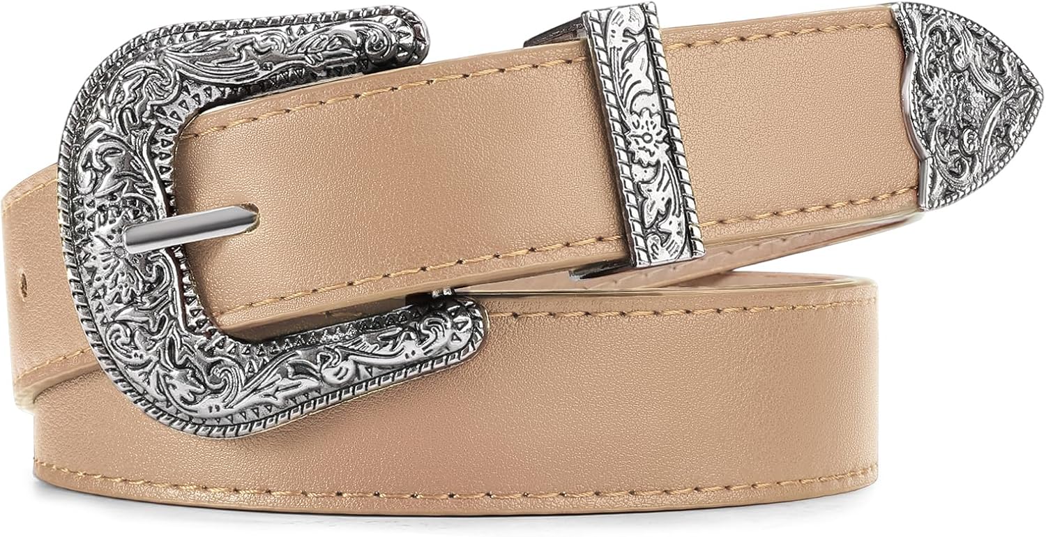 Western Belt for Women Cowgirl Cowboy Adjustable Belt for Jeans Pants with Silver Vintage Engraved Buckle