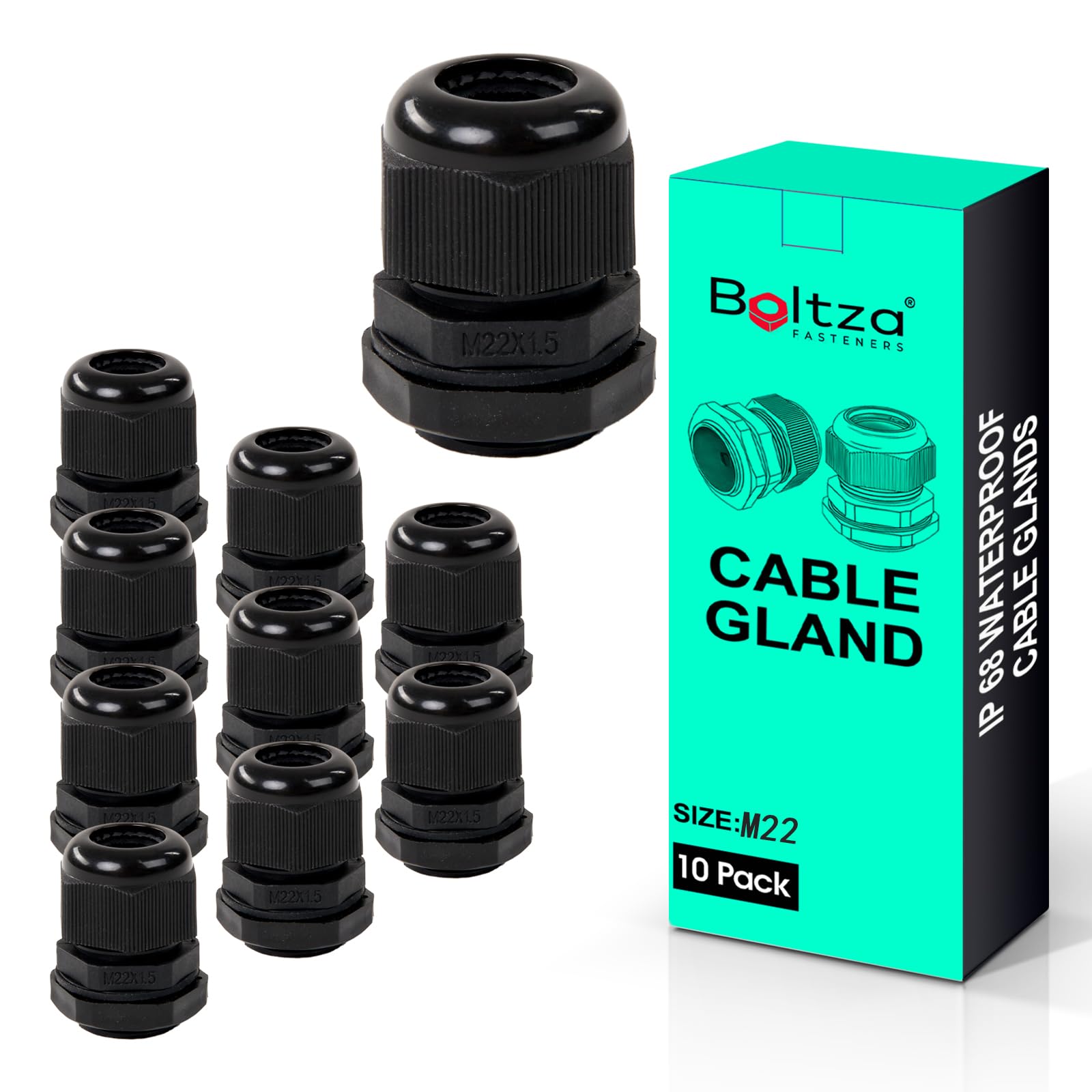 Boltza® Black Nylon Cable Gland – IP68 Waterproof Cable Connector for Electrical Enclosures, Junction Boxes, Outdoor Use – Conduit Gland – 10 Pack (M22)