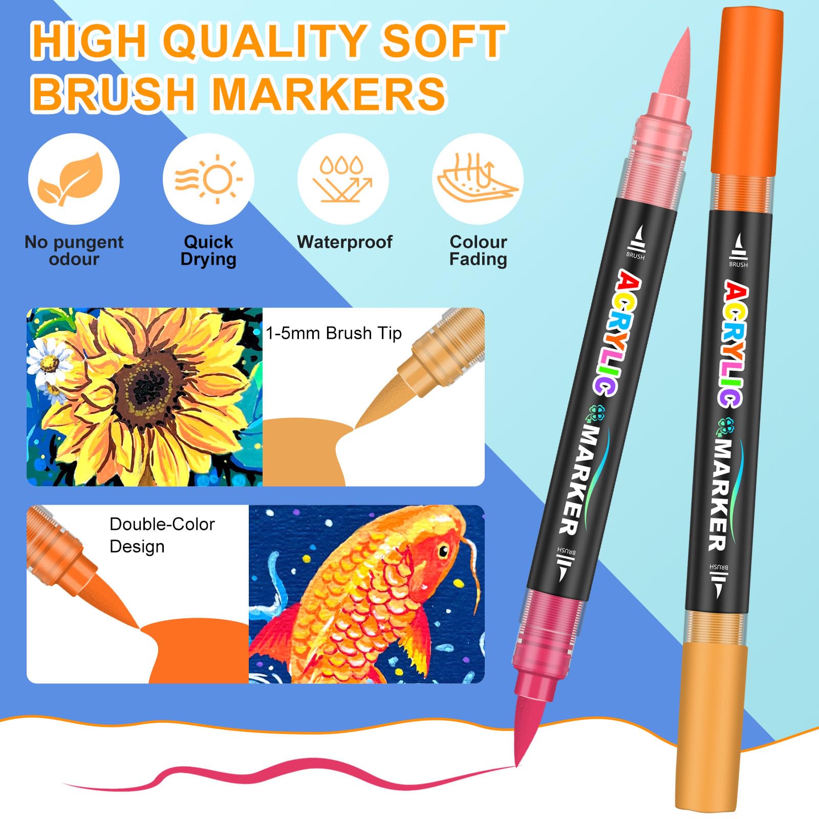 Lyuvie 220 Colorati Pennarelli Acrilici Set-110 Pezzi Marker Pennarelli Acrilici Doppia Punta Fine & Pennello per Dipingere Sassi Dipingere Sassi Tessuti Legno Vetro Carta Plastica