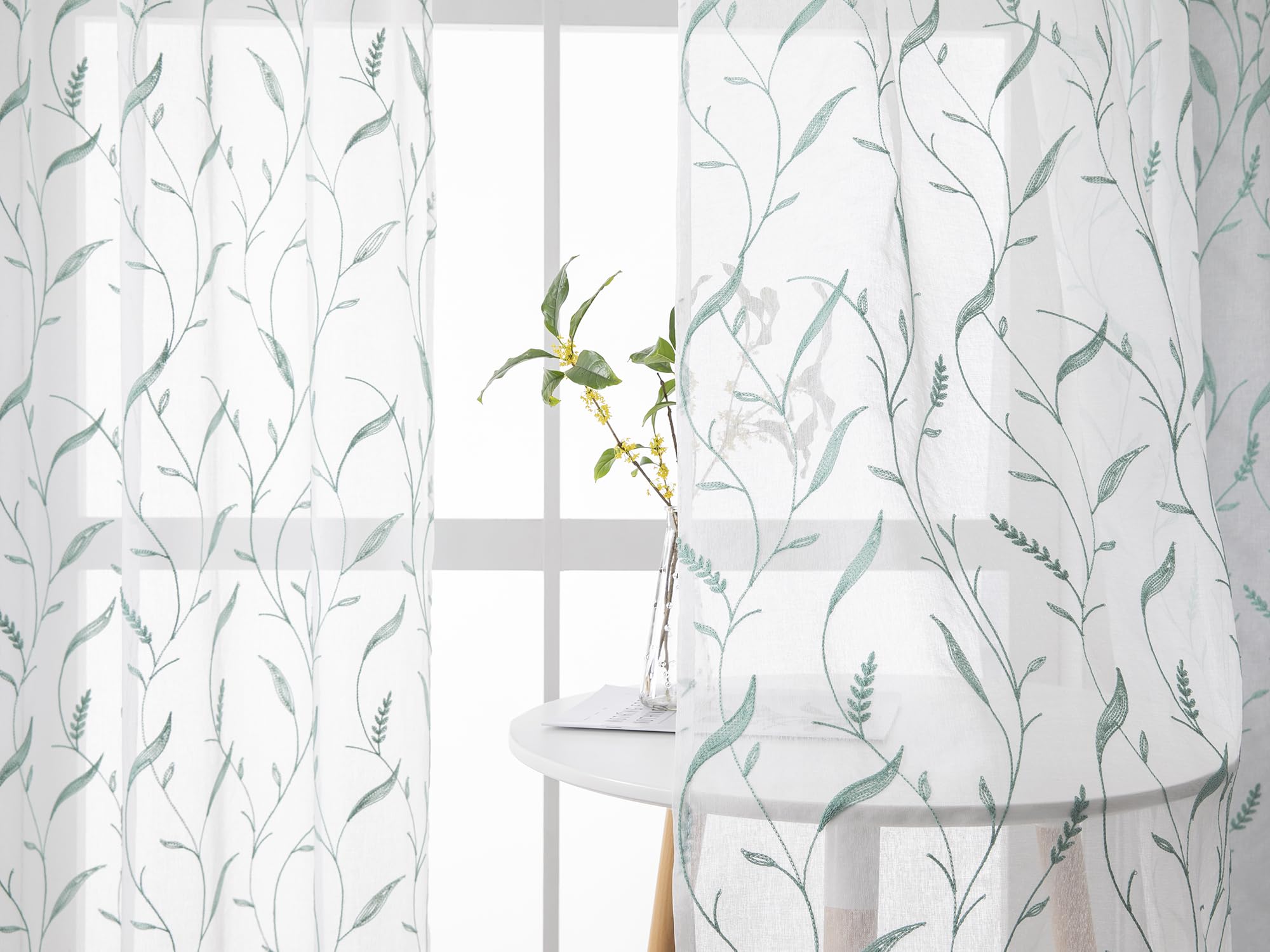 GET ENAI Teal Embroidered Leaf Sheer Curtains 84 Inches Long 2 Panels for Living Room Bedroom, Wheat Leaves Vine Faux Linen Semi Sheer Tulle Curtain