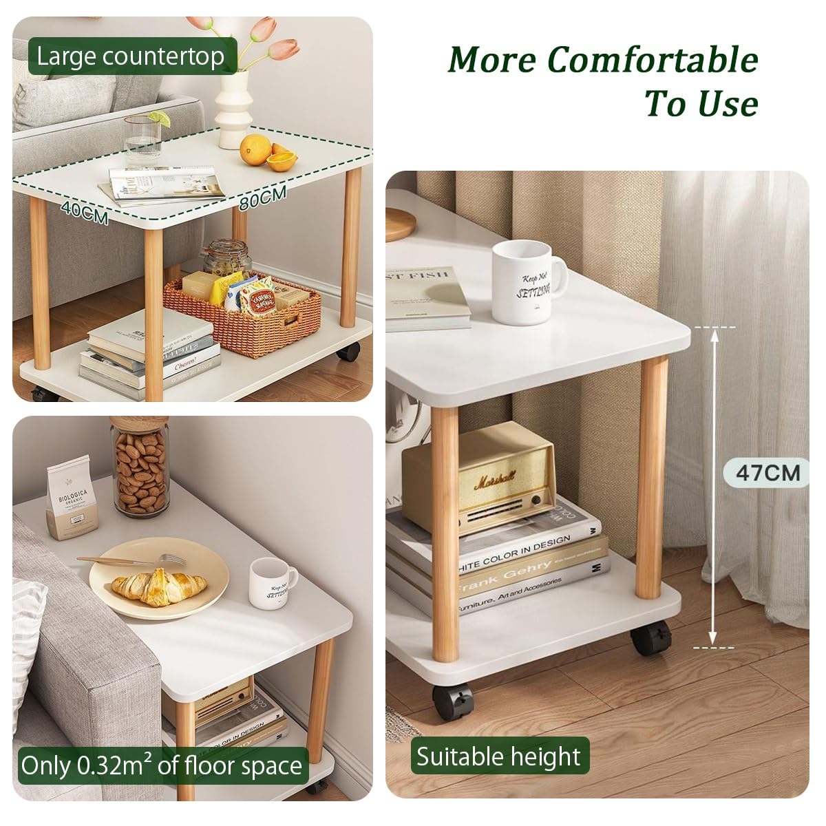 Mesa Auxiliar De 2 Niveles con Ruedas,Mesas Auxiliares De Madera para Salon,Mesa Sofa Estrecha Pequeña,Mesa De Centro para Salón Moderno,Mesita De Noche(Brown,60 * 30cm/23.6 * 12in)