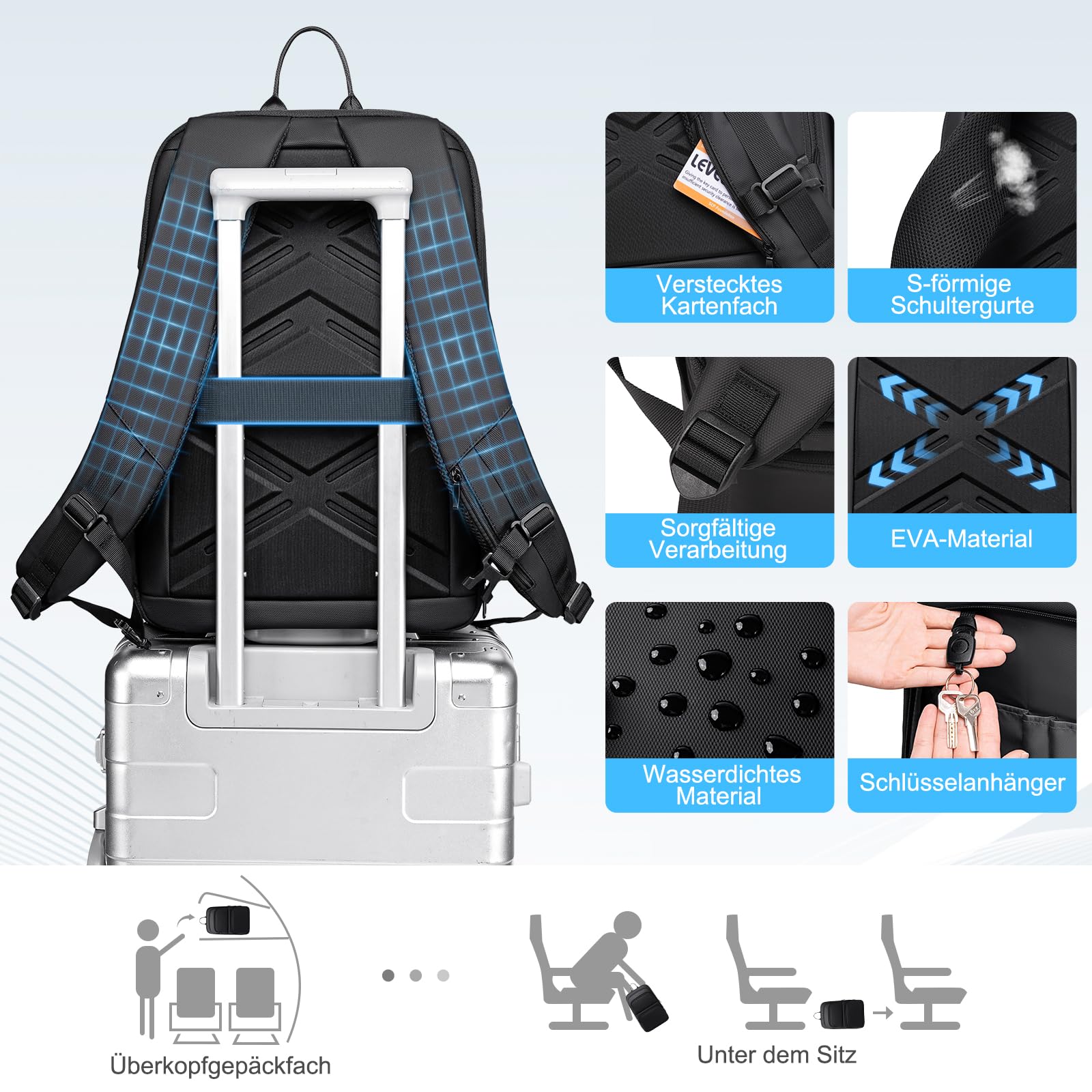 FENRUIEN Leichter Business Rucksack Herren 15.6 Zoll Wasserdicht Notebook Laptop Backpack Erweiterbar 15-23L mit USB-Ladeanschluss für Arbeit Schule, Schwarz