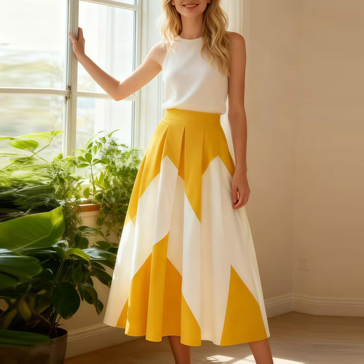Oplxuo Women's High Waist Color Block Maxi Skirt Pleated A-Line Flared Skirts for Formal Occasions
