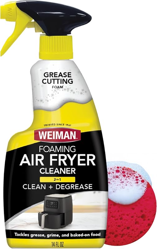 Weiman Kit de limpieza para freidora de aire espumoso, limpiador y desengrasante para cestas y bandejas de cerámica, elimina grasa, suciedad, aceite y alimentos horneados, incluye esponja no abrasiva, acción rápida, sin residuos, 14 oz