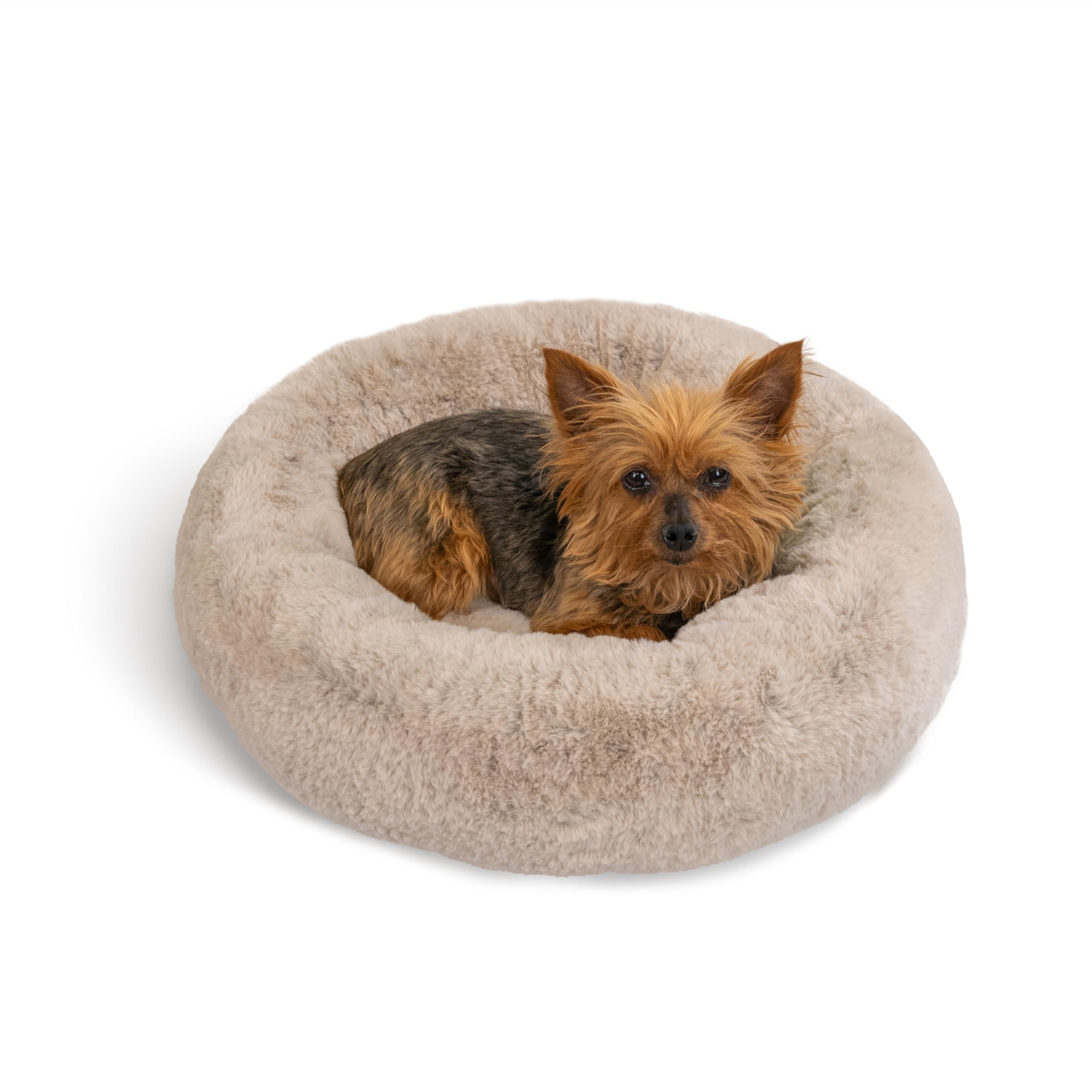 best friends by sheri snugglesoft faux fur calming donut bed for dogs and cats, brown, extra small, 18x18