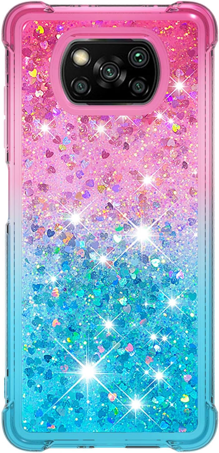Poco X3 Pro Case, Xiaomi Poco X3 NFC Case Glitter 3D Cute Bling Sparkle Quicksand Flowing Liquid Clear Silicone ShockProof Phone Cover for Xiaomi Poco X3 Pro/Poco X3 NFC Case Girls, Pink & Blue