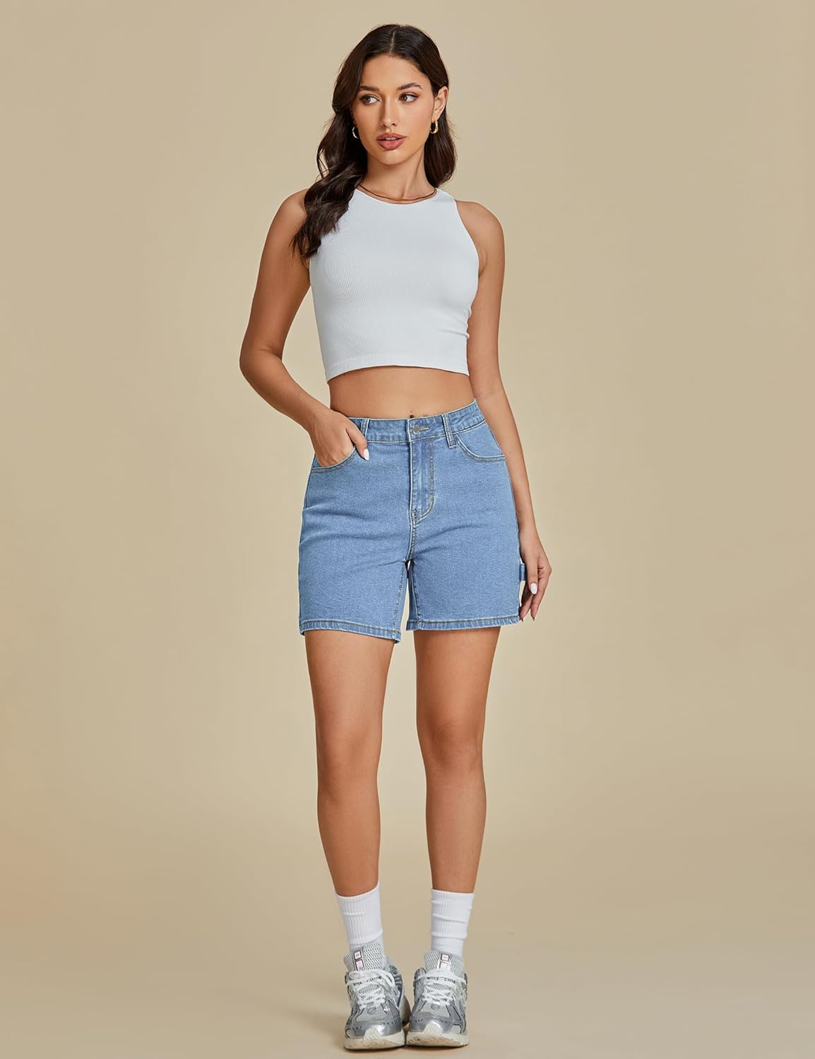 luvamia Jean Shorts for Women High Waisted Trendy Casual Utility Stretchy Denim Jorts Cutoff Long Shorts with Pockets - Image 5