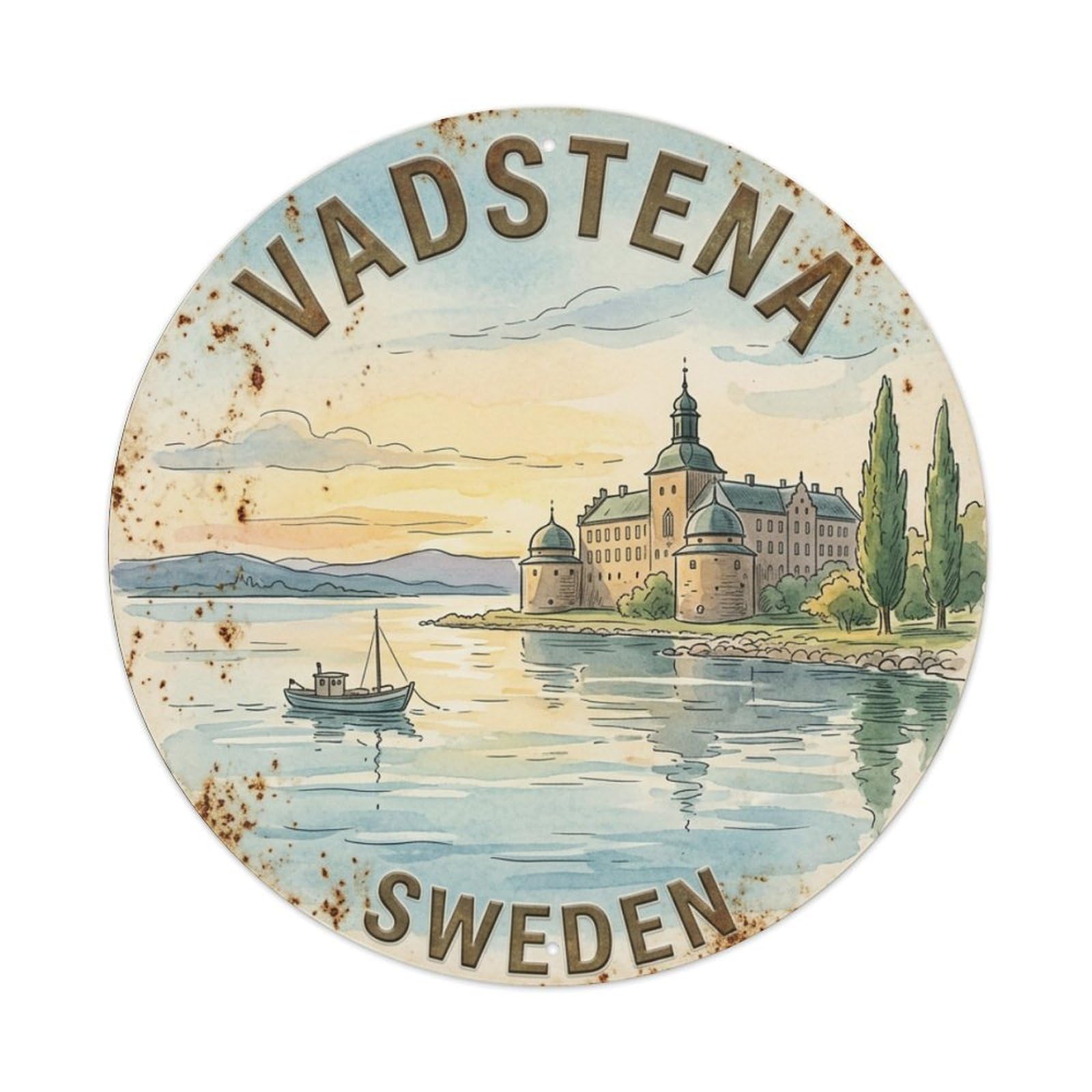 Vintage Travel Vadstena Sweden Lakefront Metal Tin Sign