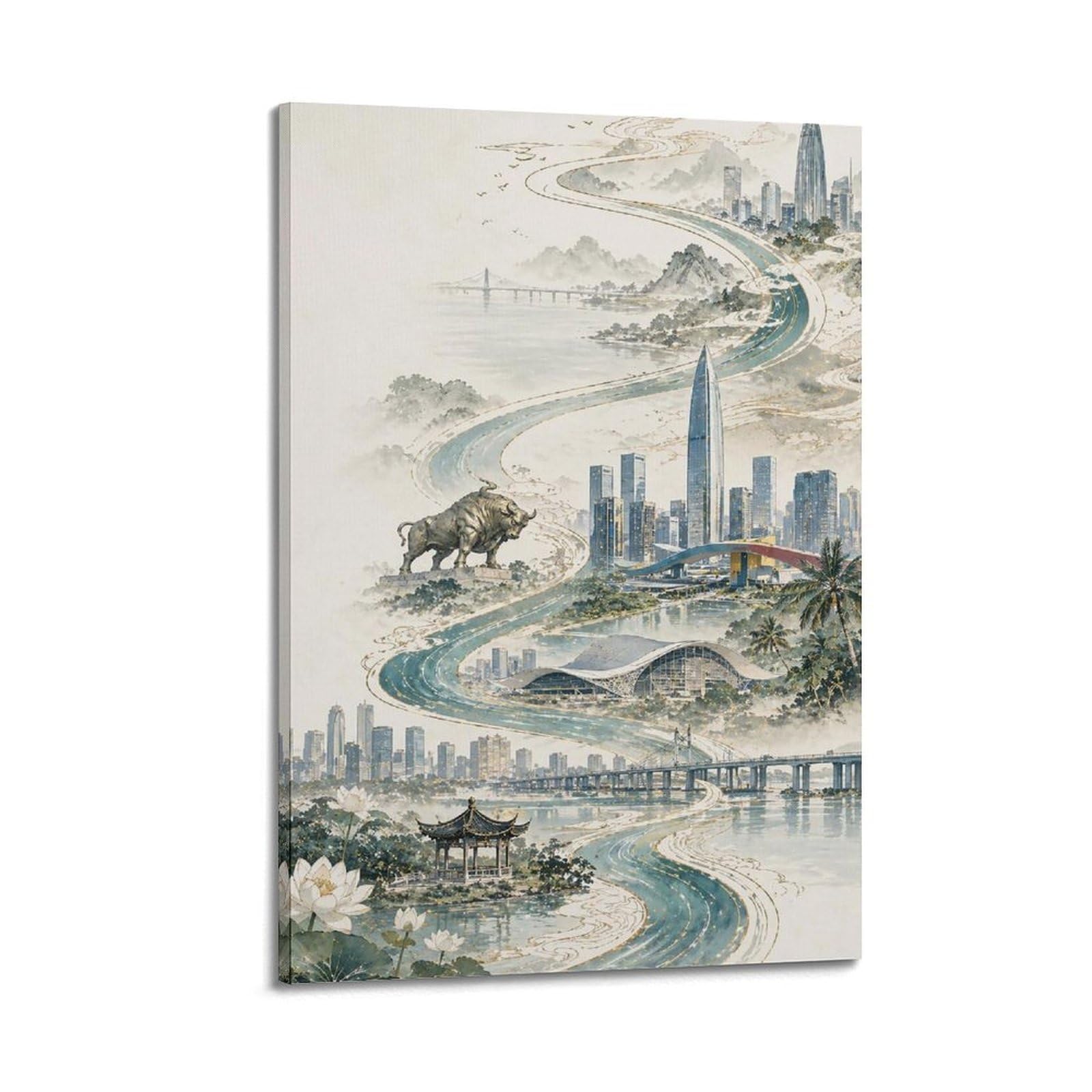 XKUGA Travel Chinese Ink Poster Shenzhen City Skyline Landscape Modern Decorative Canvas Prints - Ideal Wall Art for Family, Man Cave, Game Room, Boys & Girls Bedroom 24x36inch(60x90cm)
