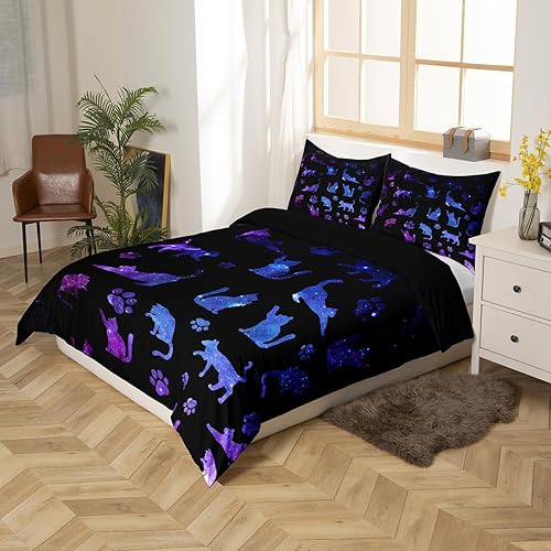 Miniatura 2 de Erosebridal Juego de funda de edredón de gatos, tamaño Queen, para niños, gatos, silueta de dibujos animados, morado, azul, reversible, negro,