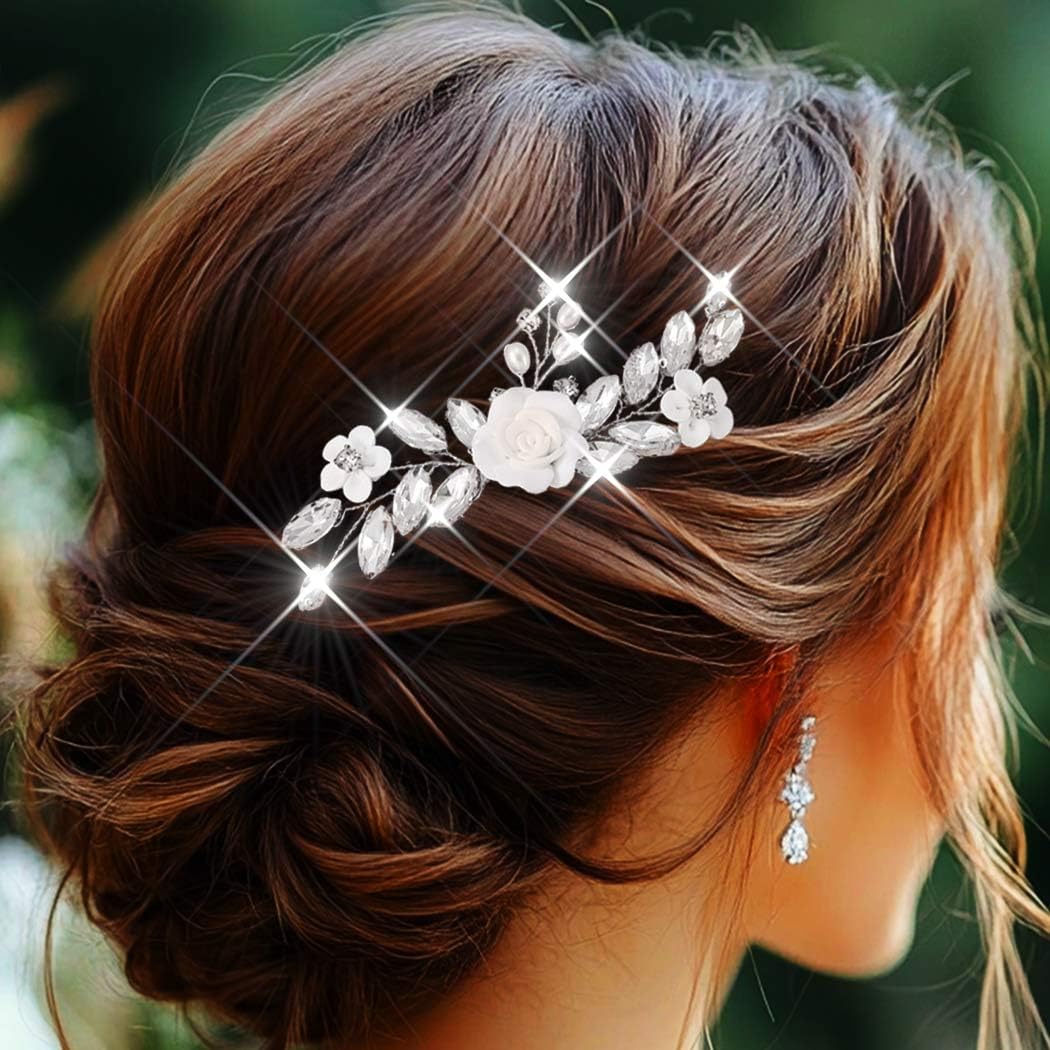 Peineta de novia, adorno para el pelo de plata con flores, cristal, tocado para mujeres y niñas