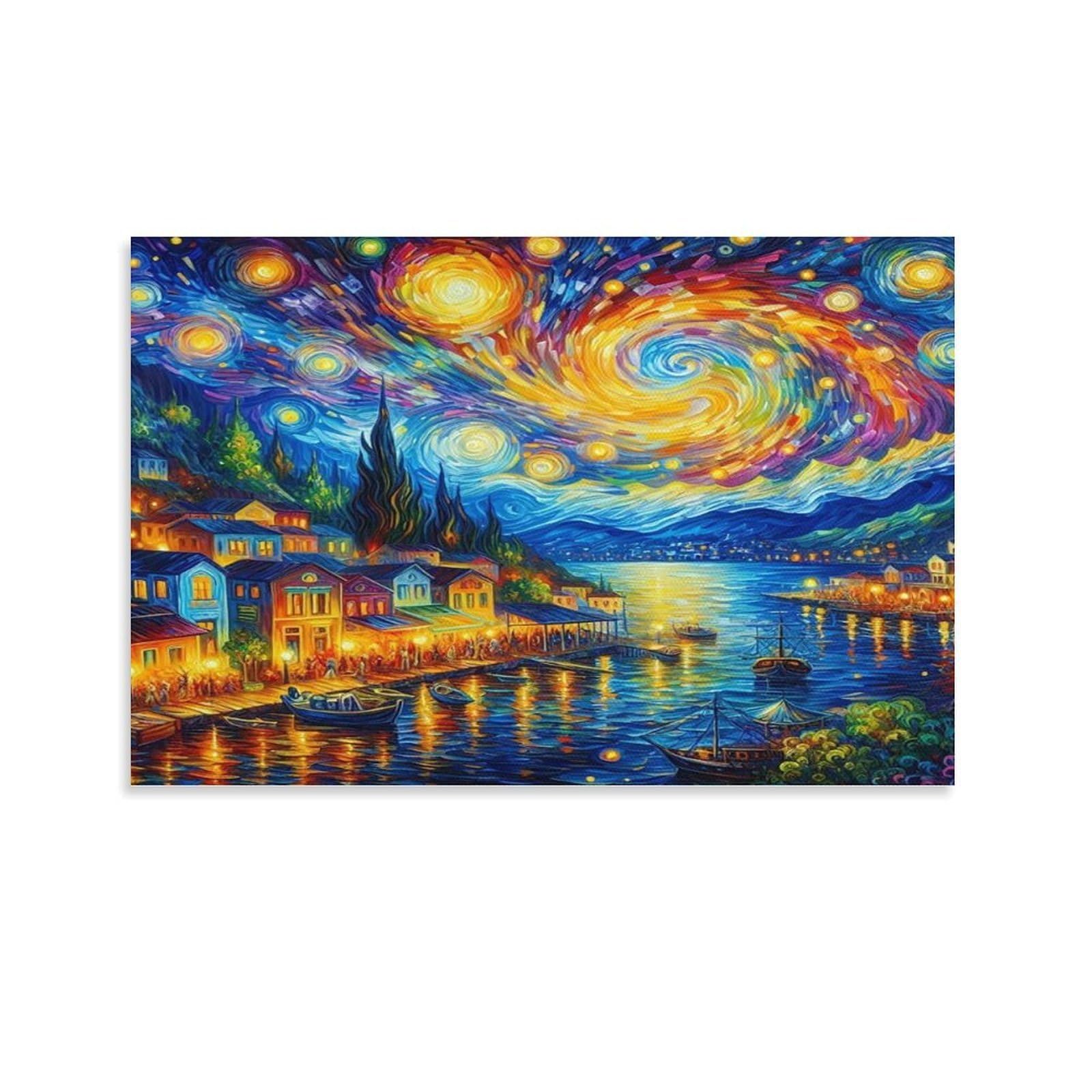 CPLVKWRQJ Snowy Christmas Village at Night Single Piece Swirl Starry Night Coastal Village Artwork Framed Wall Art - Living Room Gallery Wall Focal Point Ready to Hang Decor 24x36inch(60x90cm)