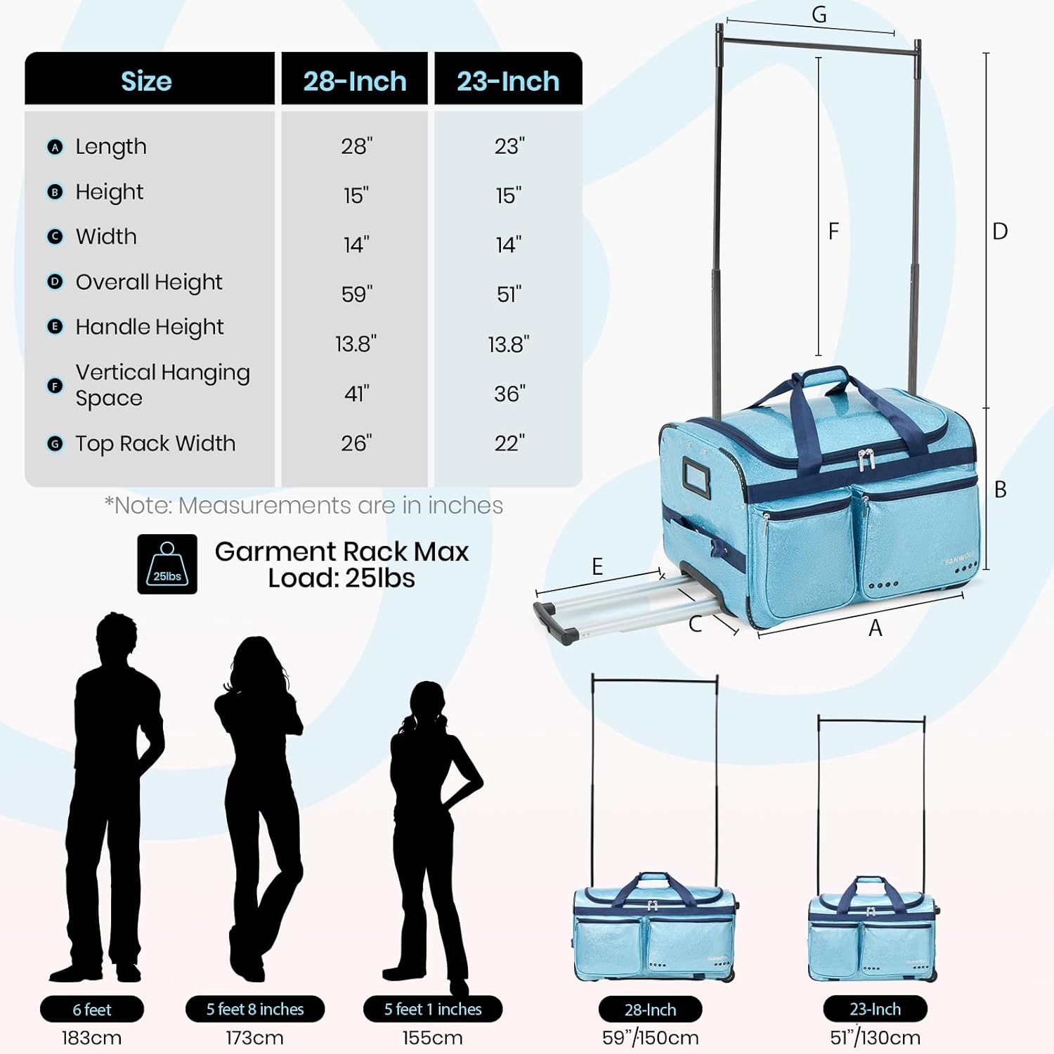 Fanwoli 23" Dance Bag with Garment Rack | Glittering Waterproof Fabric | Shine-Bright Collection | Ideal Competition Rolling Duffle Bag for Dancer Cheerleader Little Princess | Sparkle Blue