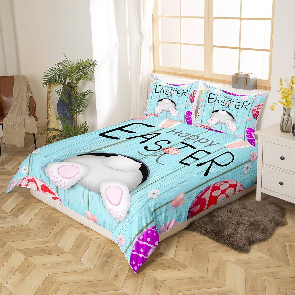 Easter Eggs Bedding Set Twin Size Rabbit Tail Duvet Cover Set for Girls Women Teens,Blue Wooden Plank Easter Backdrop Comforter Cover Set Easter Gifts for Kids,Cute Easter Decorations