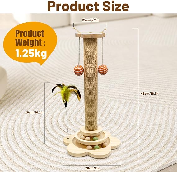Multifunctional Cat Scratching Post with Interactive Toys, Cat Scratcher with Natural Sisal, Solid Wood Base, Anti-Tip Design for Indoor Cats, Kittens & Large Cats