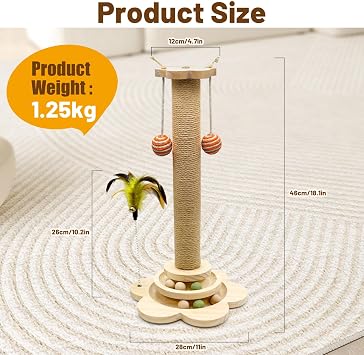 Multifunctional Cat Scratching Post with Interactive Toys, Cat Scratcher with Natural Sisal, Solid Wood Base, Anti-Tip Design for Indoor Cats, Kittens & Large Cats
