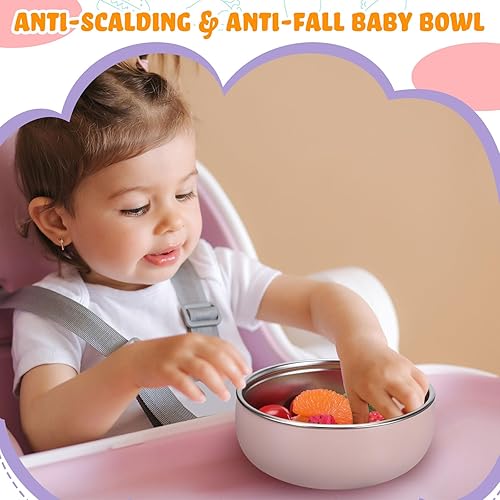 Vista 19 de Nuogo 6 cuencos de acero inoxidable 304 para bebés con carcasa de silicona extraíble para niños pequeños, recipiente antiquemaduras para Color suave
