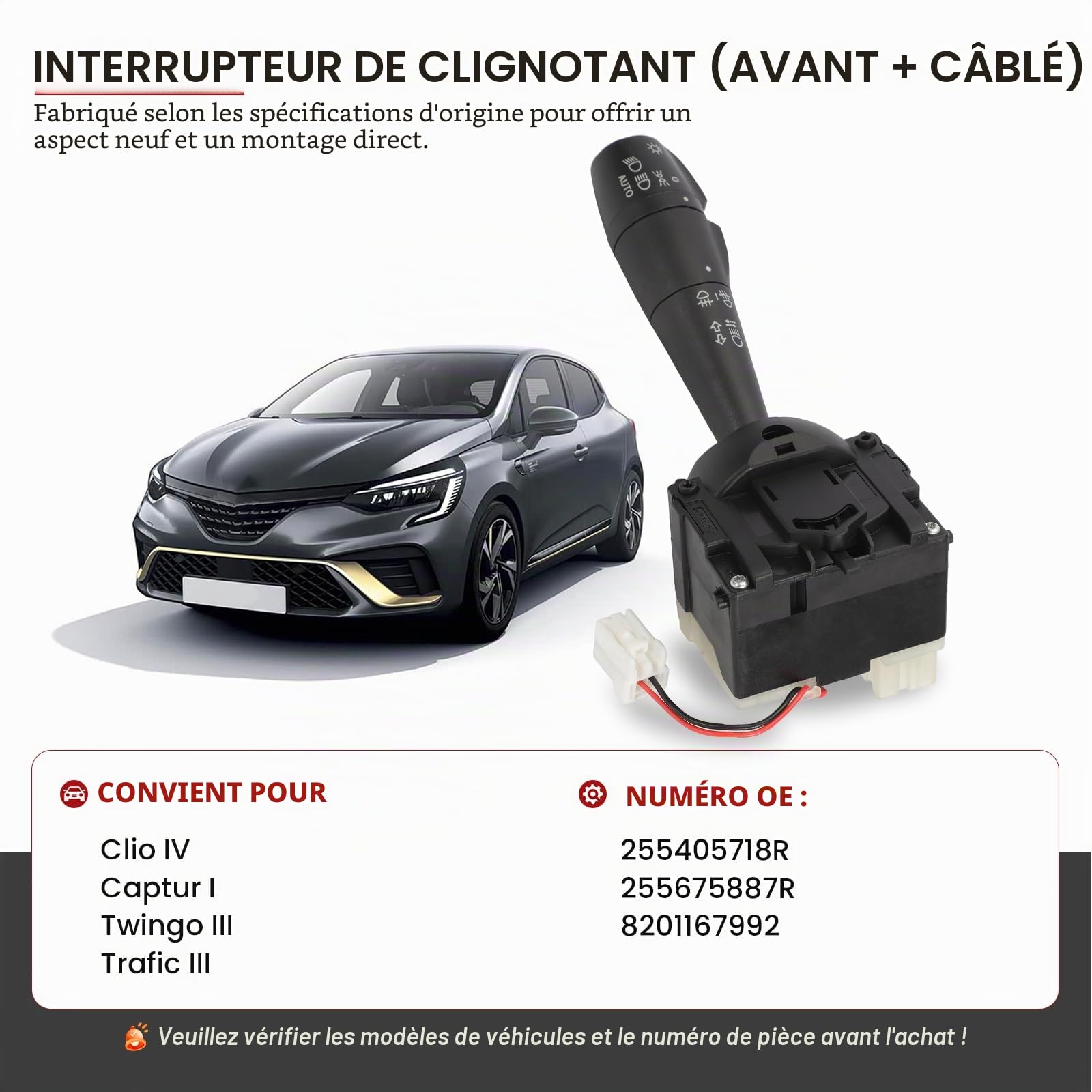 Commodo pour Clio 4 Twingo Trafic 3 Captur 1, 8201167992 Interrupteur Colonne Direction Phare Pour Clio IV Captur I Twingo III Trafic III Commutateur 255675887R 255405718R Commande Clignotant Phares