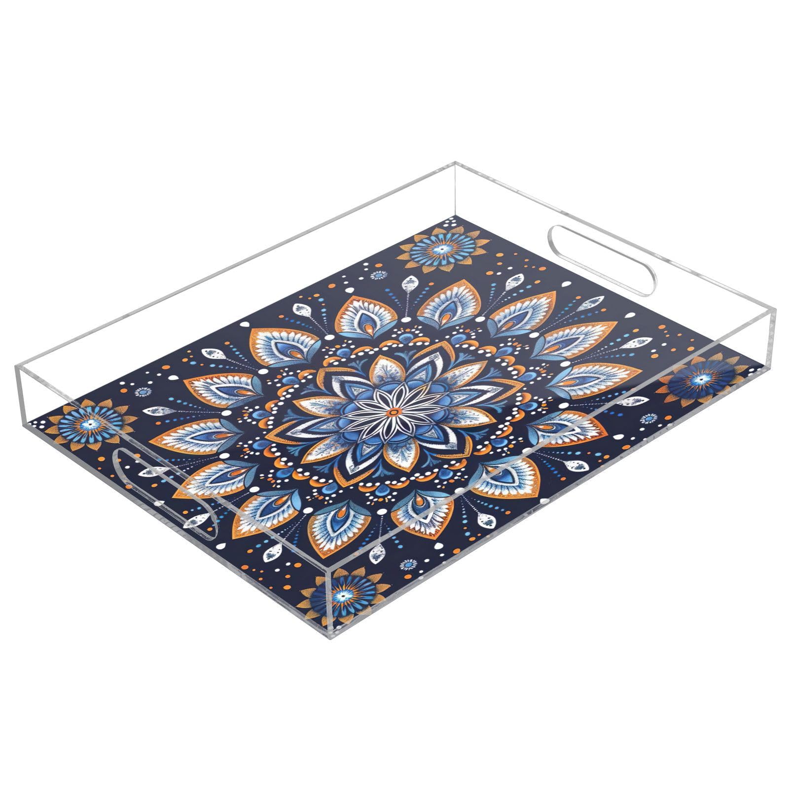 BOESI Graffiti Vintage Floral Pattern Acrylic Decorative Dining Tray, Acrylic Decorative Tray Organizer with Handle for Kitchen, Dining Room, Bathroom, Dresser