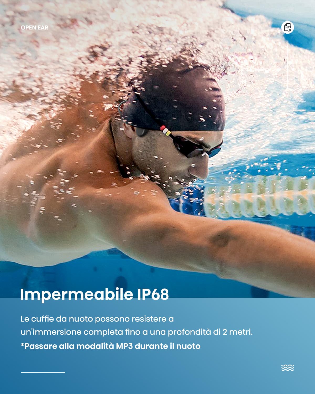 Cuffie Conduzione Ossea, Cuffie Nuoto per Piscina IP68, Auricolari Conduzione Ossea Bluetooth 5.4, Built-in MP3 32G Memoria, Auricolari Subacquee per il Surf, Nuoto, Corsa, Ciclismo