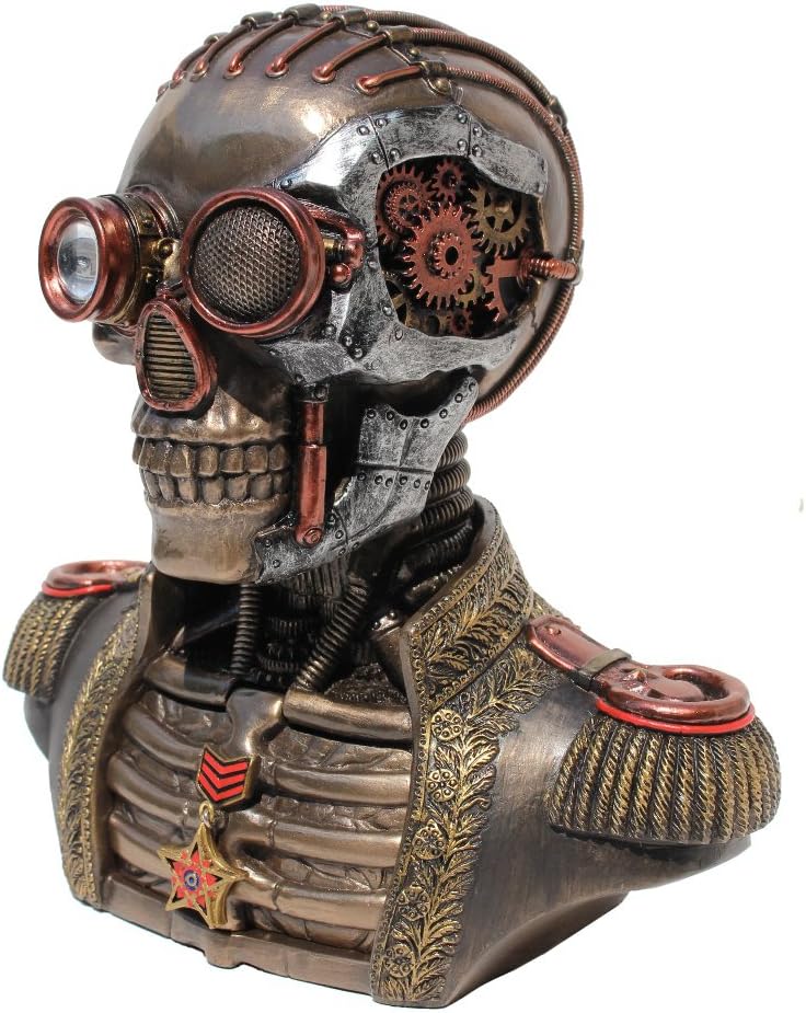 Steampunk Skull Band Uniform Bust Trinket Box, Cold Cast Bronze, 7.25 Inch Tall